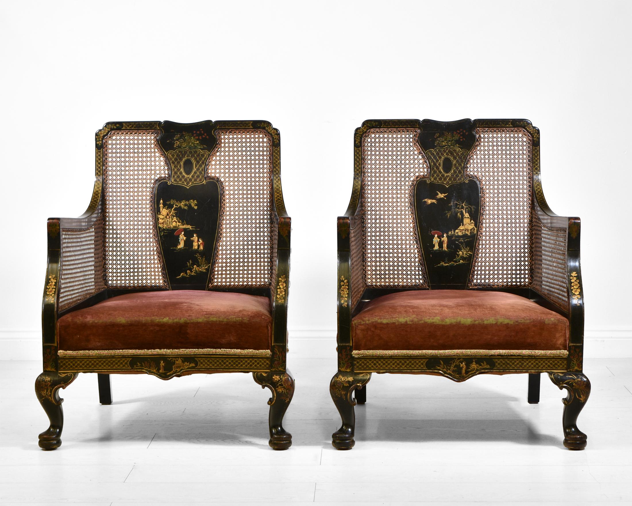 A wonderful pair of japanned and gilt chinoiserie bergere armchairs. Retailer's label: F. Restall Ltd, Birmingham. English. Circa 1920.

*Free delivery for all areas in mainland England & Wales only. Delivery to room of choice by a two person team.