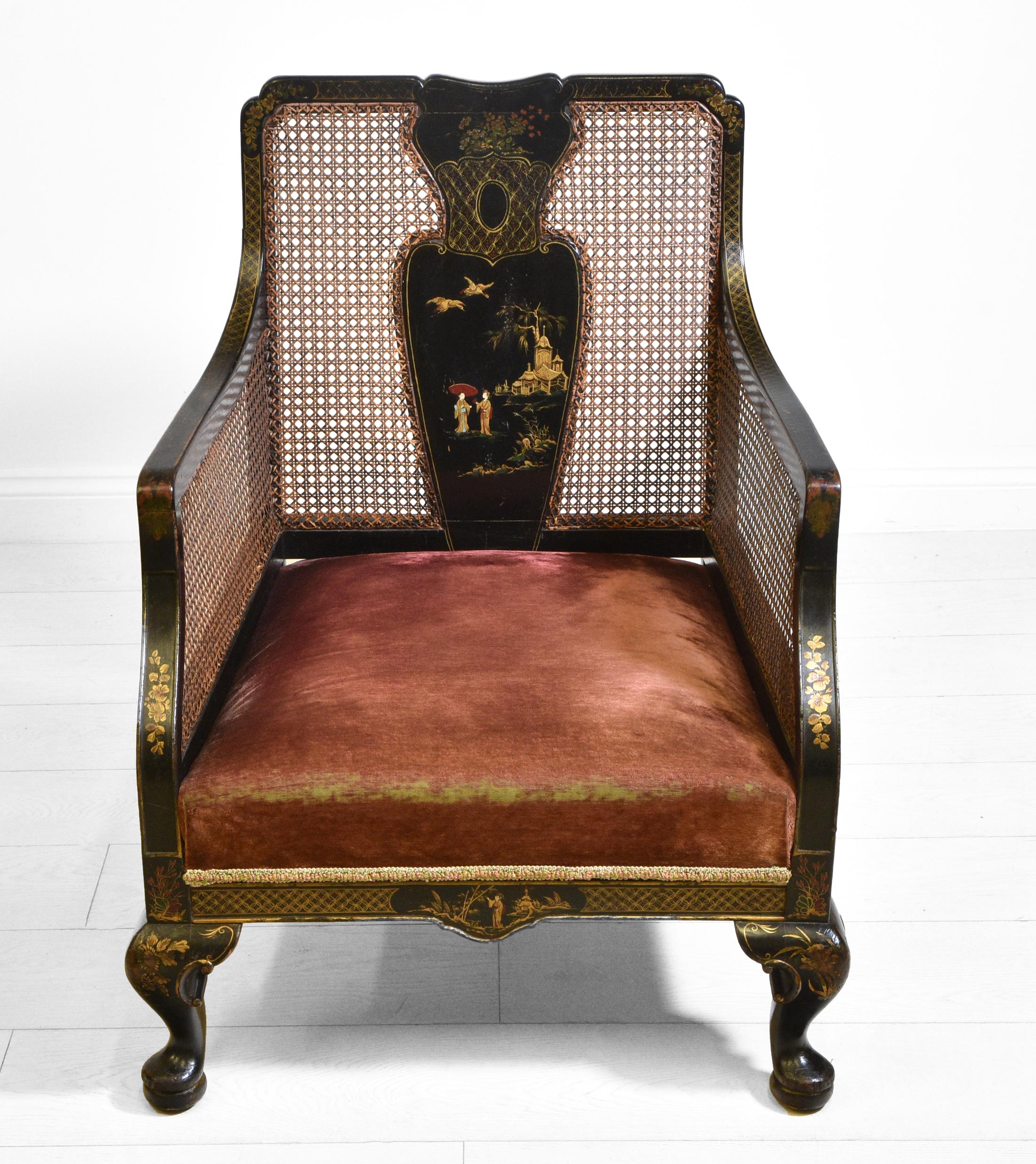 Velvet Pair of Decorative 1920s Japanned & Gilt Chinoiserie Bergere Armchairs