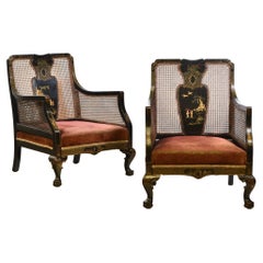 Pair of Decorative 1920s Japanned & Gilt Chinoiserie Bergere Armchairs
