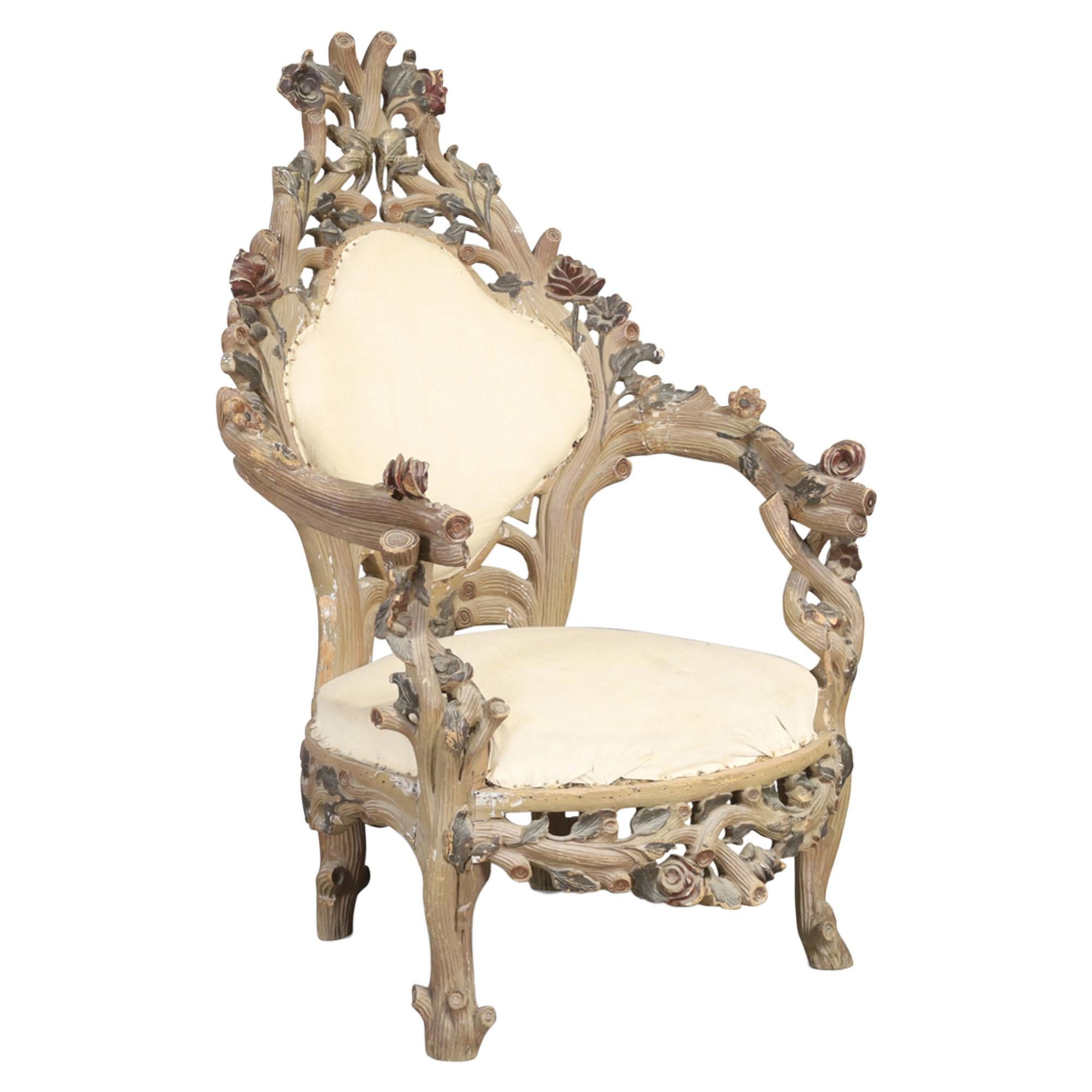 Highly decorative - this pair of naturalistic Italian carved wood armchairs certainly make a statement. 

Made from hardwood, please take a look at all our pictures to see the intricate detail and craftsmanship of the chair frames. Entwined tree