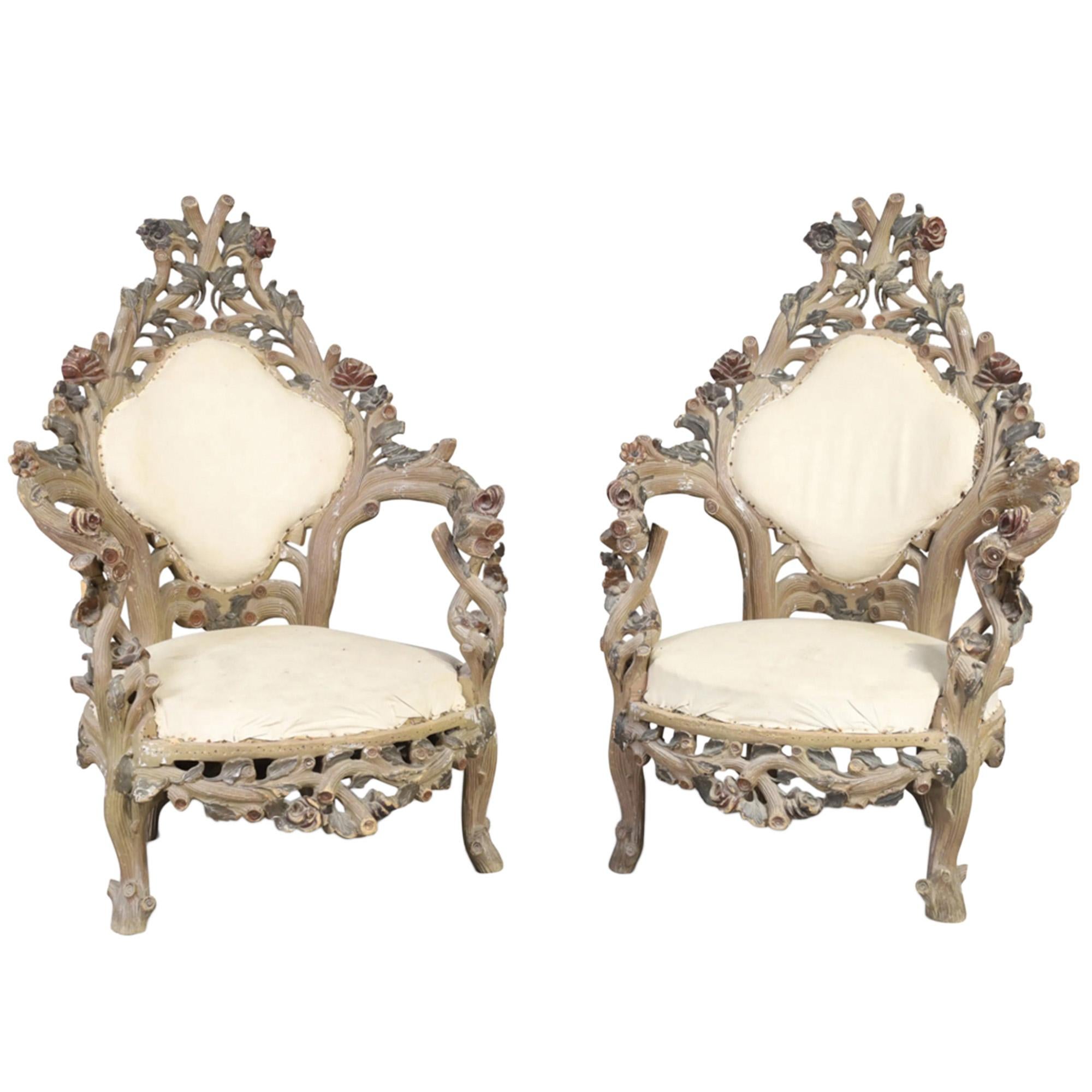 Pair of Decorative 1950s Italian Carved Wood Armchairs In Good Condition In London, GB