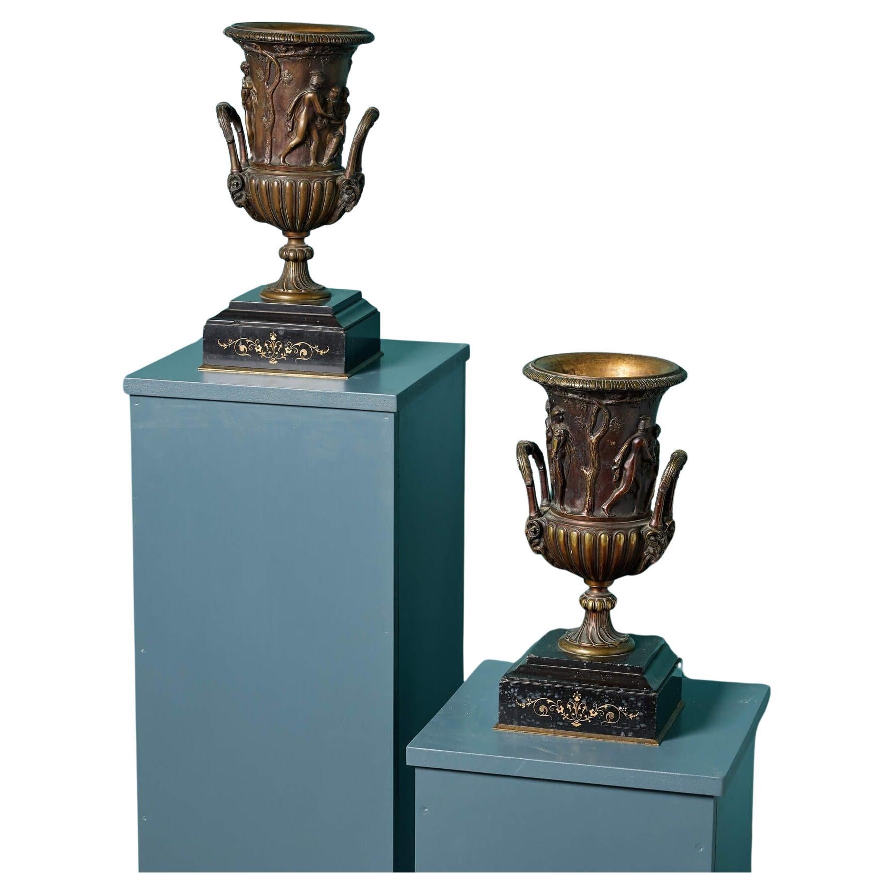 Pair of Decorative Antique Bronze Medici Style Urns For Sale