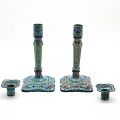 Pair of Decorative Antique Canton Enamel Candlesticks, China