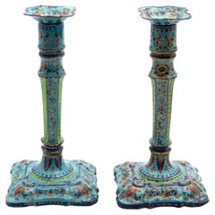 Pair of Decorative Antique Canton Enamel Candlesticks, China