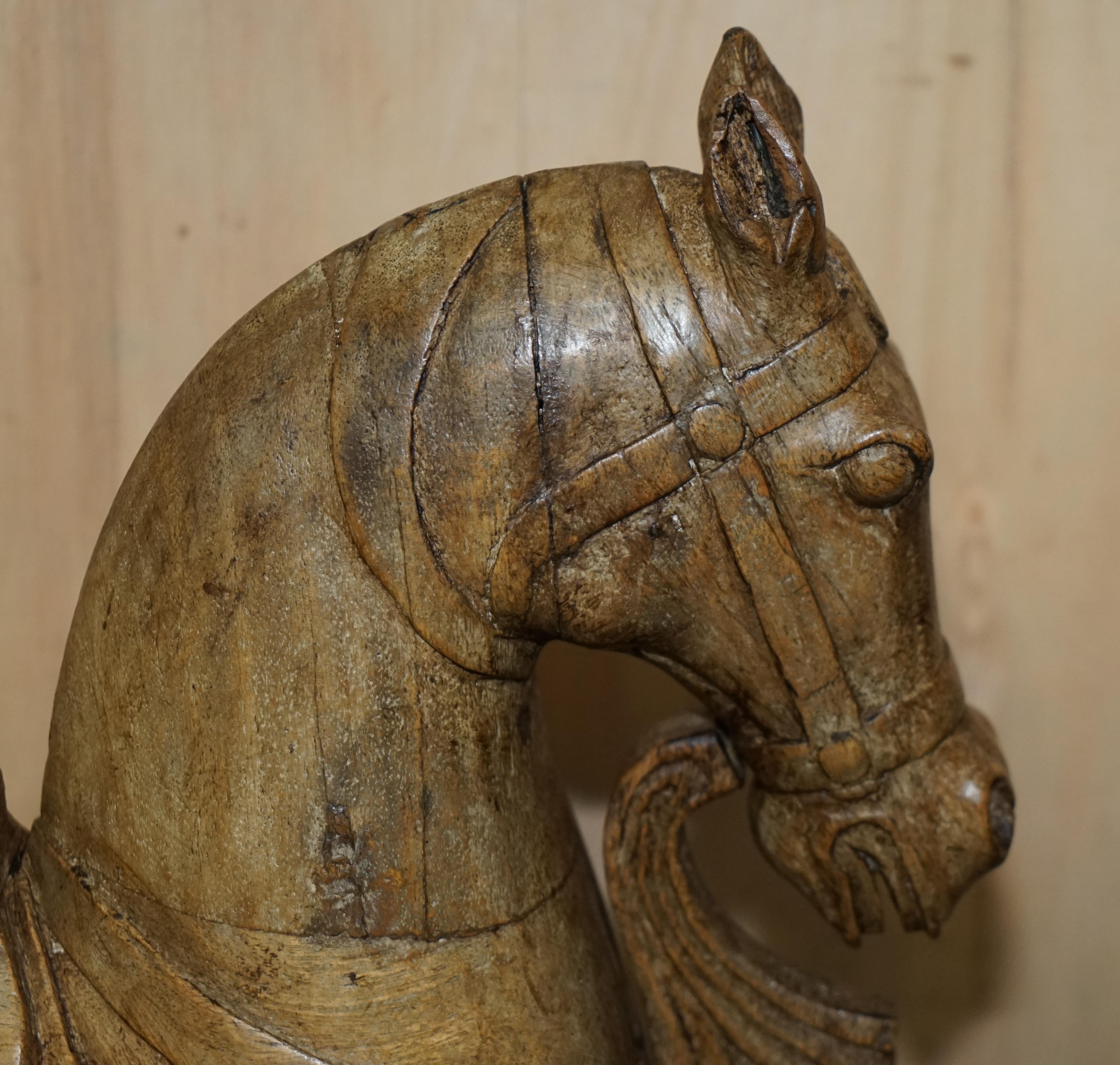 European Pair of Decorative Antique Hand Carved Wooden Statues of a Lovely Horses For Sale