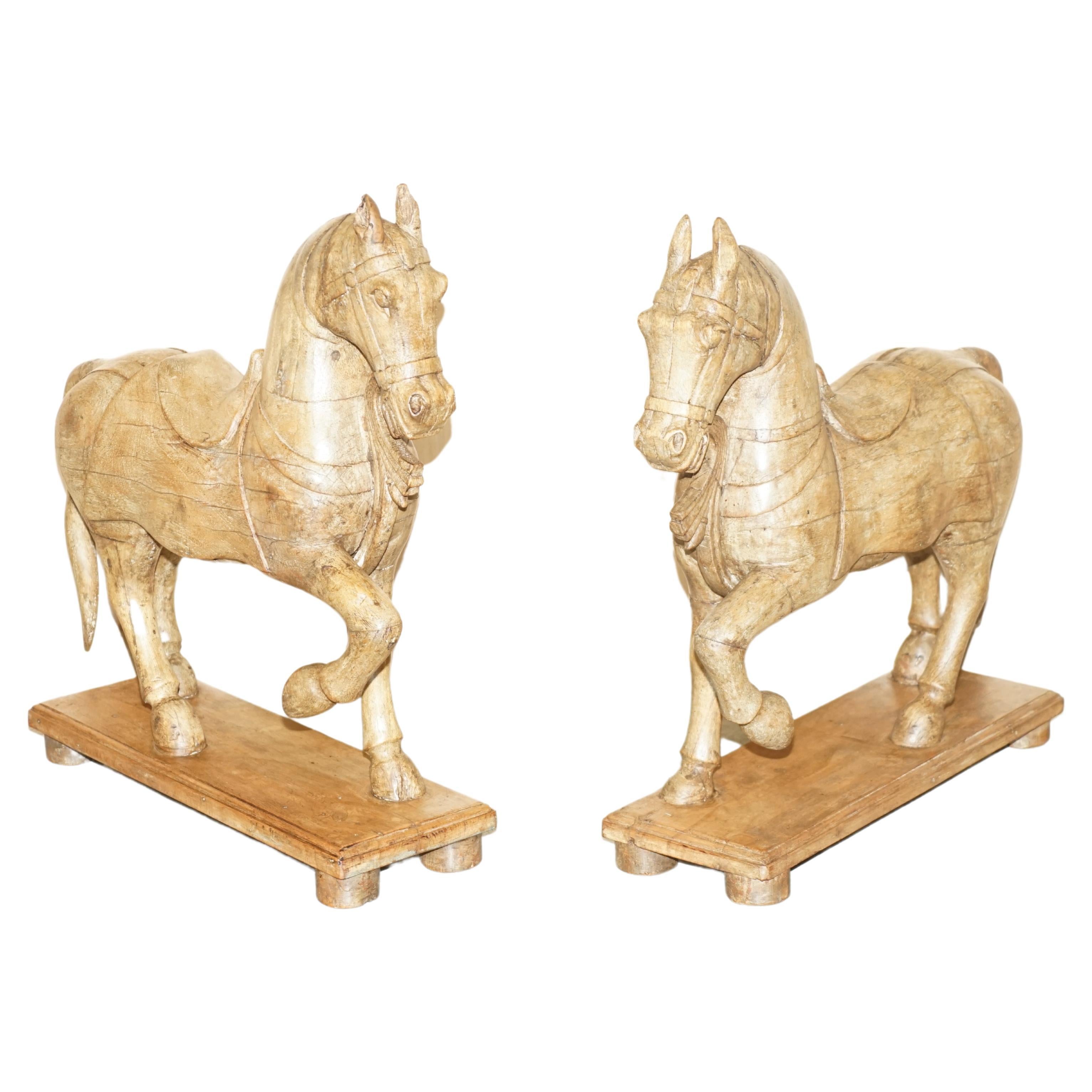 Pair of Decorative Antique Hand Carved Wooden Statues of a Lovely Horses
