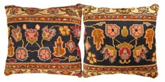 Pair of Decorative Antique Indian Agra Rug Pillows with Floral Elements