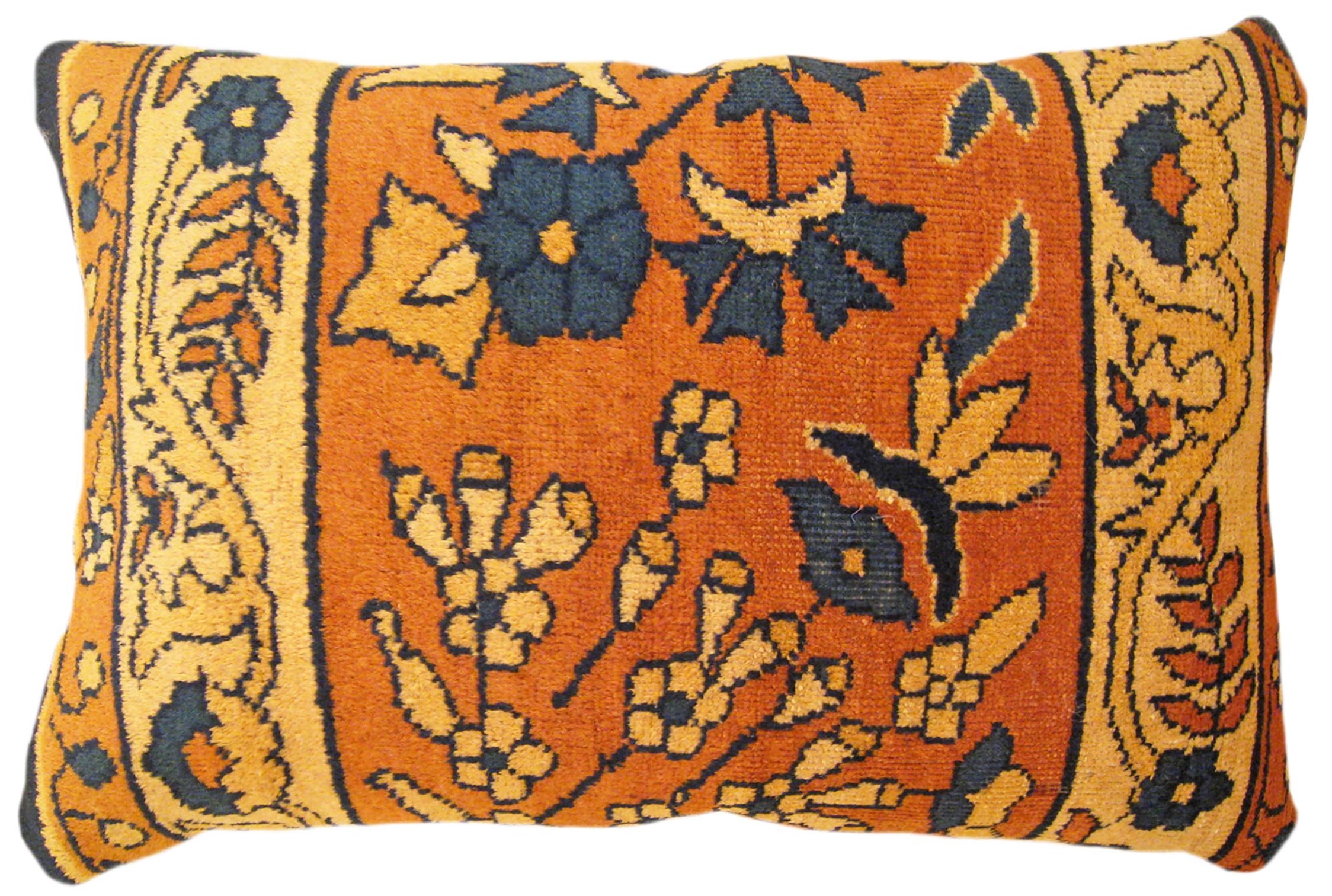 Wool Pair of Decorative Antique Indian Agra Rug Pillows with Floral Elements For Sale