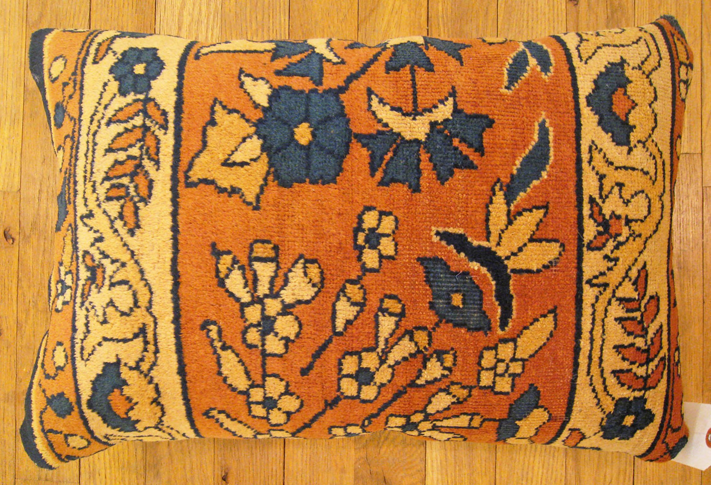 Pair of Decorative Antique Indian Agra Rug Pillows with Floral Elements For Sale 1