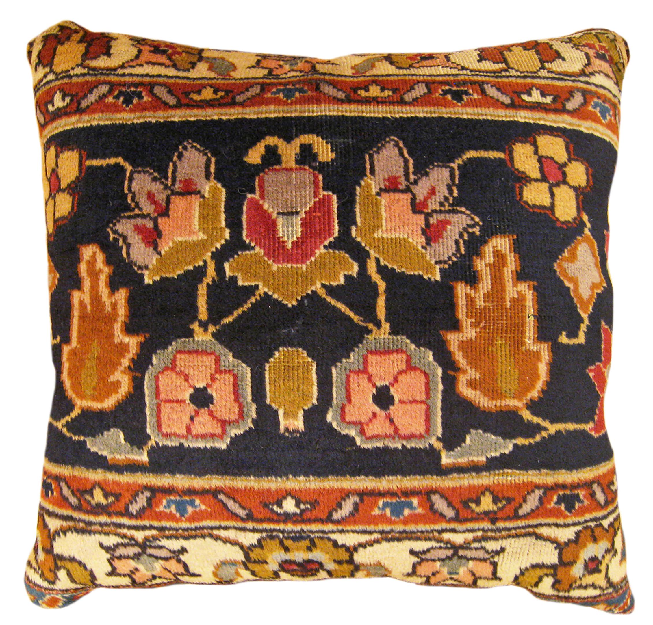 Pair of Decorative Antique Indian Agra Rug Pillows with Floral Elements For Sale 3