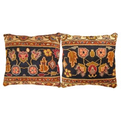 Pair of Decorative Antique Indian Agra Rug Pillows with Floral Elements