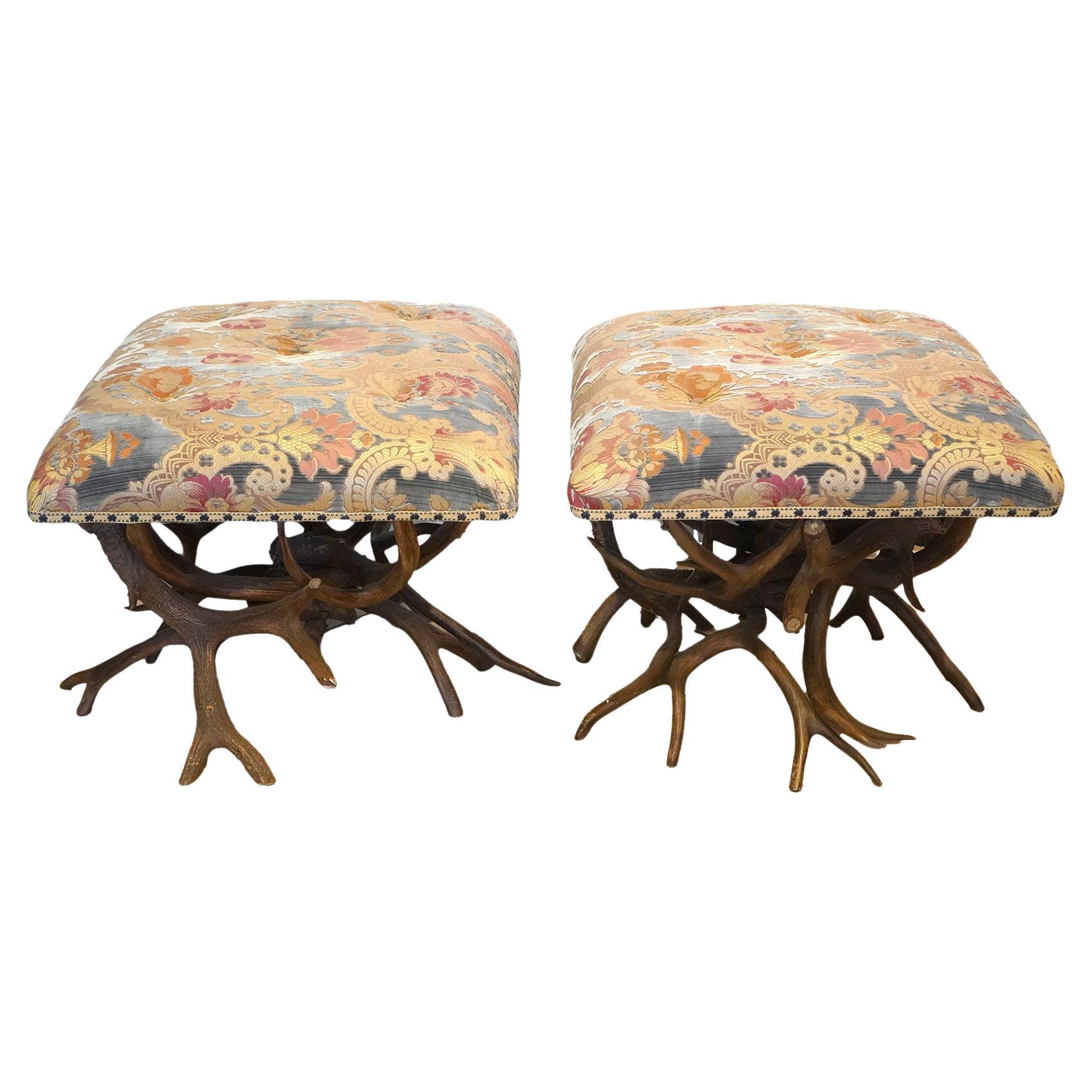 Pair of Decorative Antler Benches / Ottoman With Upholstered Seats