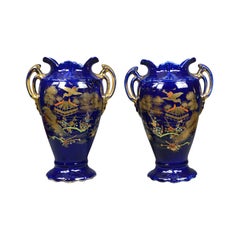 Retro Pair of Decorative Baluster Vases, Ceramic Urns, Gold, Blue, Late 20th Century