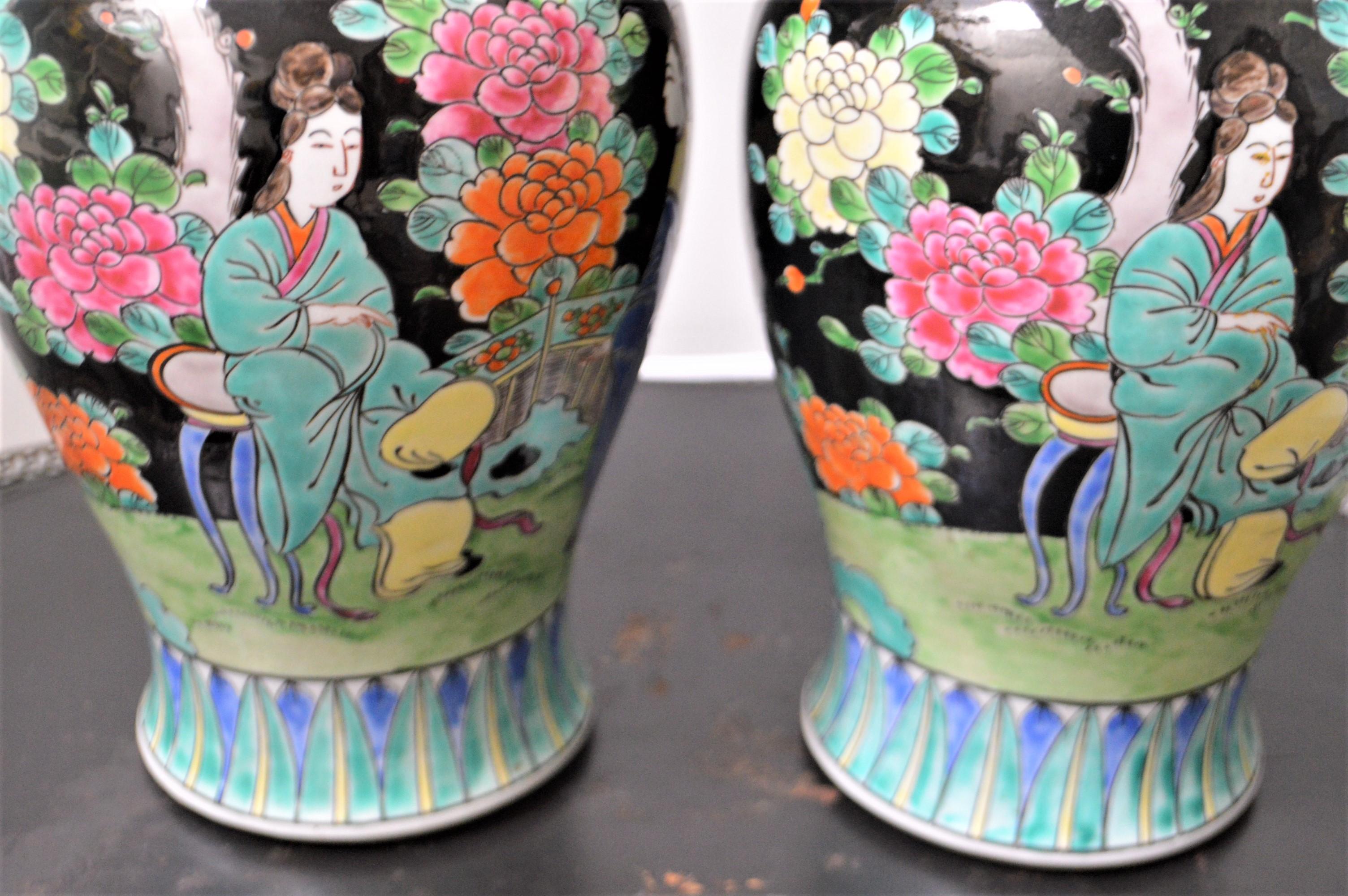 Anglo-Japanese Pair of Decorative Black Japanese Hand Painted Glazed Porcelain Vases For Sale