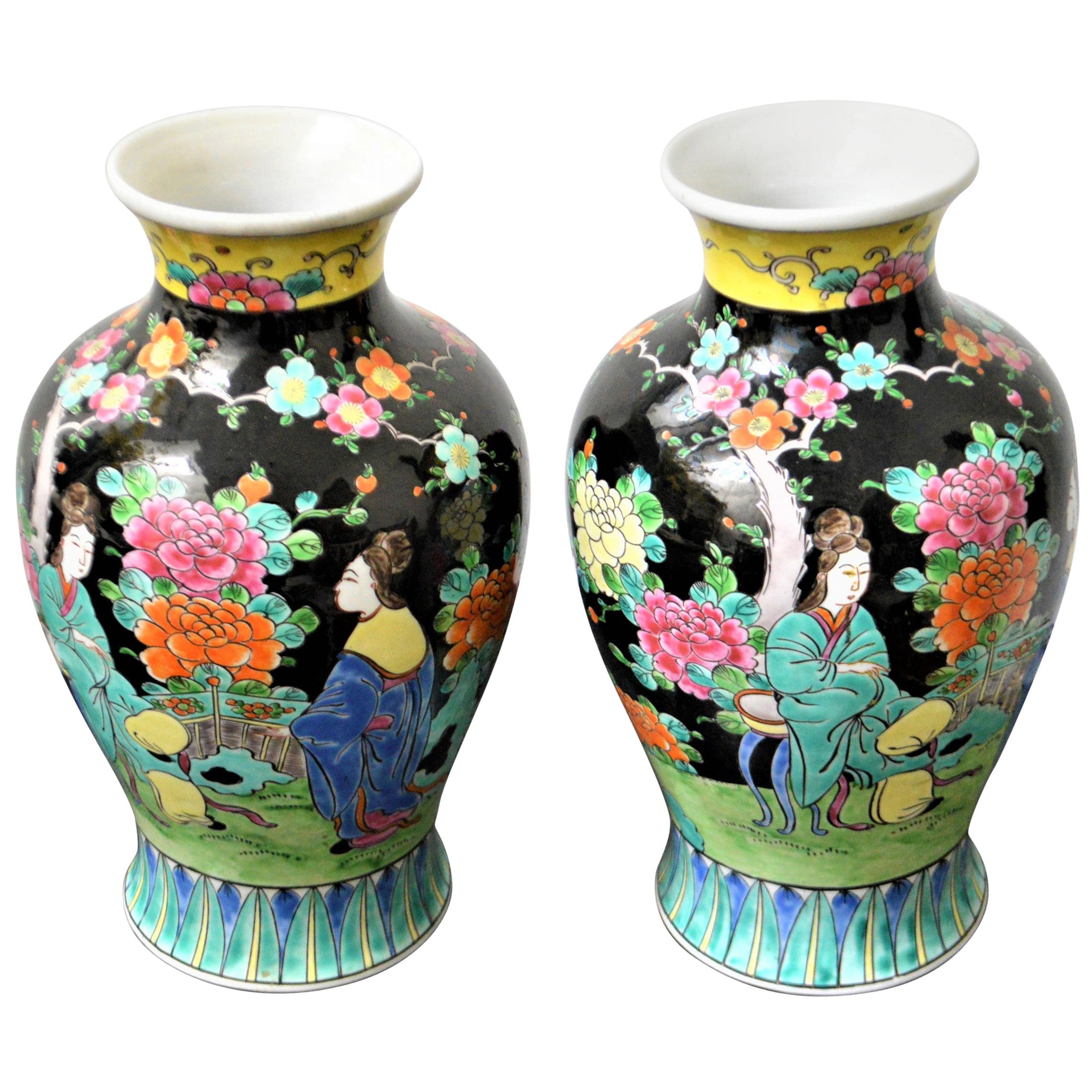 Pair of Decorative Black Japanese Hand Painted Glazed Porcelain Vases For Sale