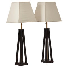 Pair of decorative blackened wood and brass table lamps - Italy, 1980s