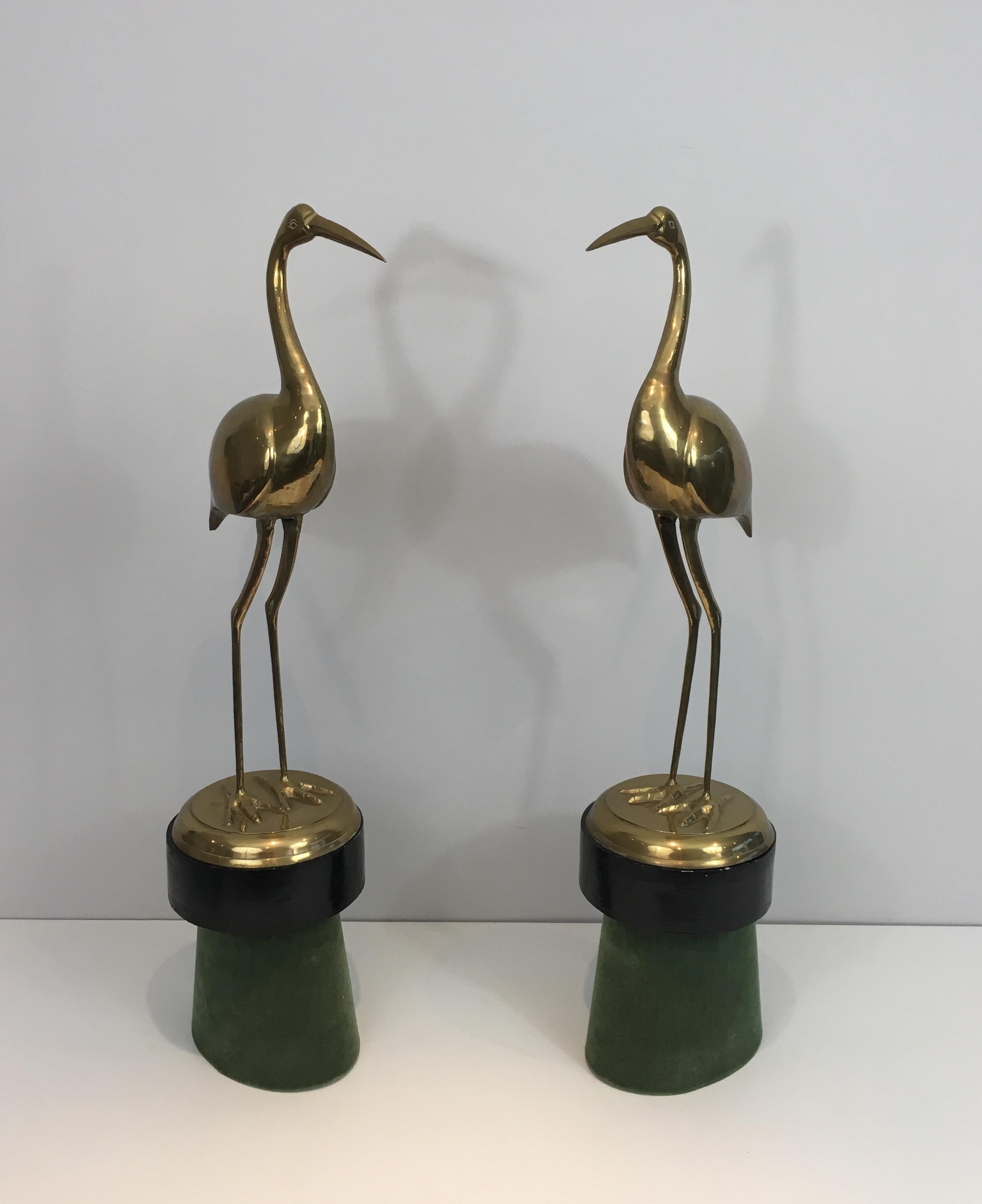 Mid-Century Modern Pair of Decorative Brass Ibis on Wooden Stands