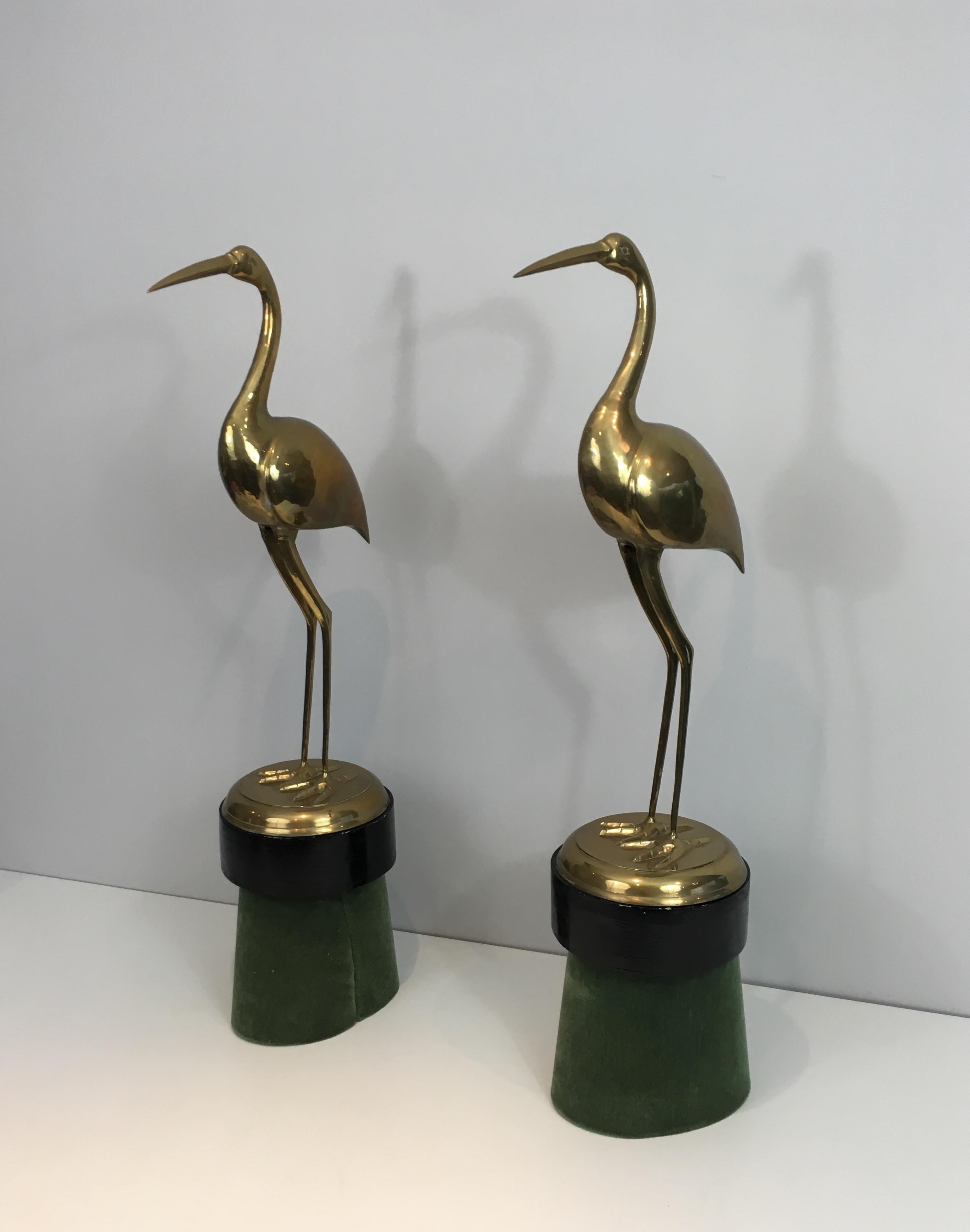 Mid-Century Modern Pair of Decorative Brass Ibis on Wooden Stands For Sale