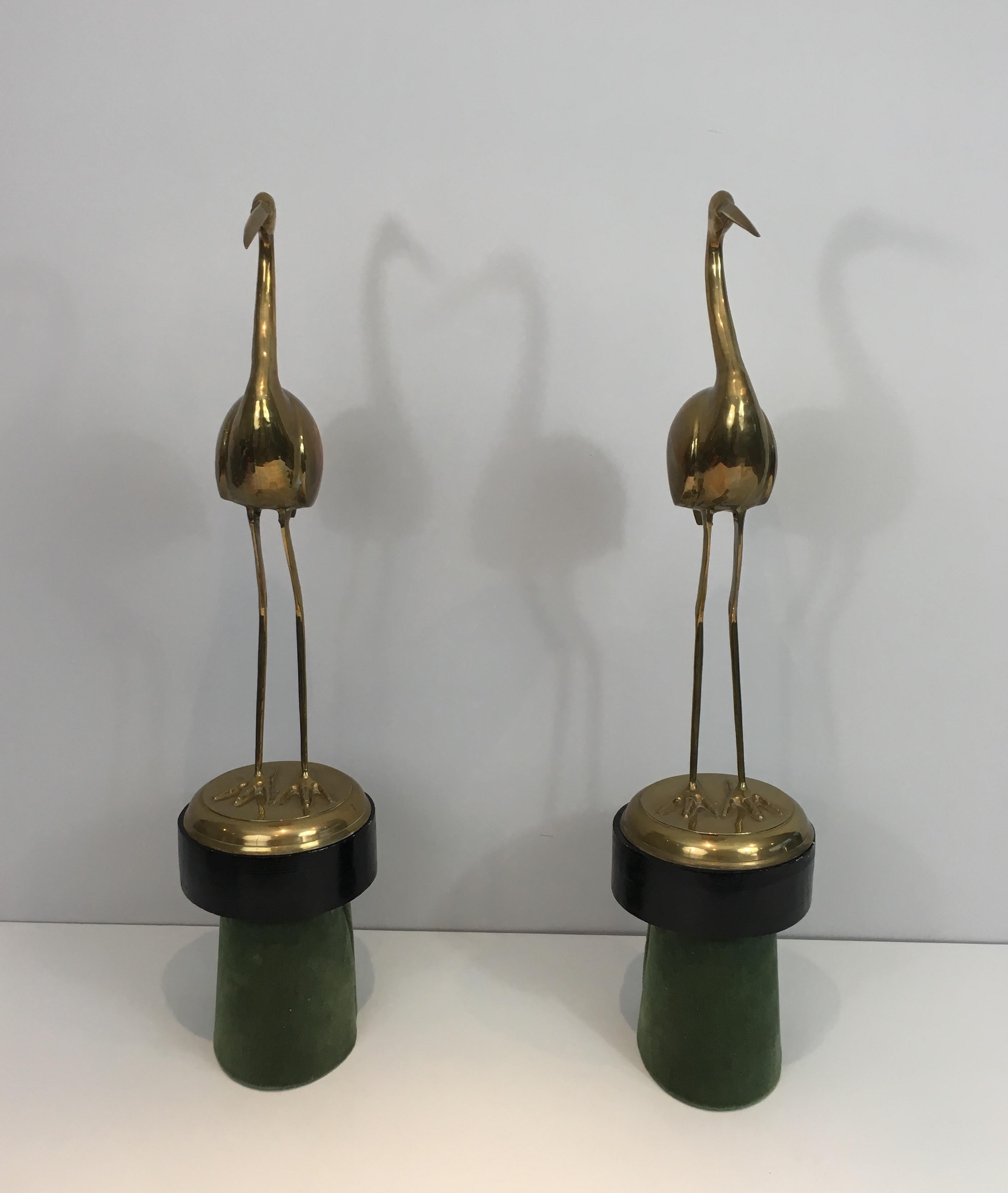 Late 20th Century Pair of Decorative Brass Ibis on Wooden Stands For Sale