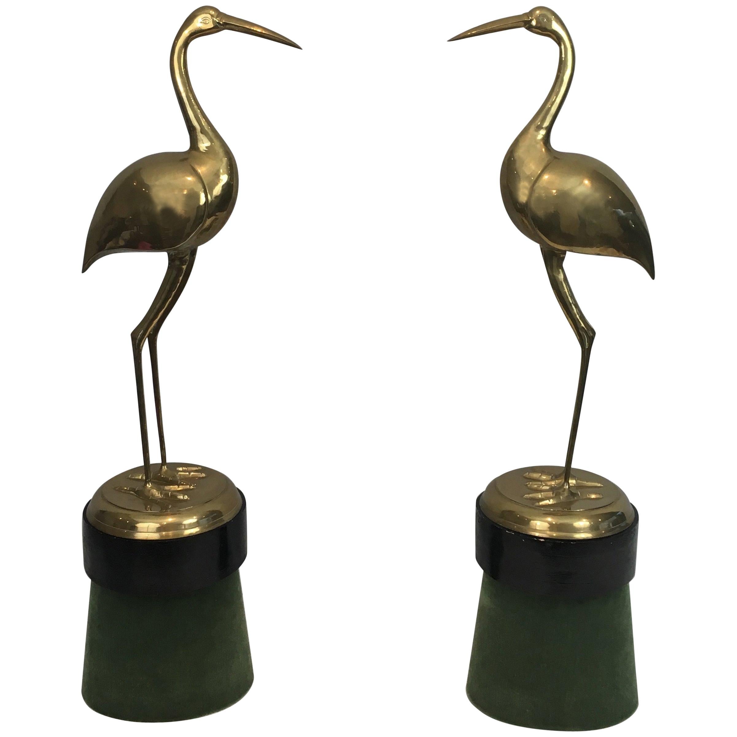 Pair of Decorative Brass Ibis on Wooden Stands