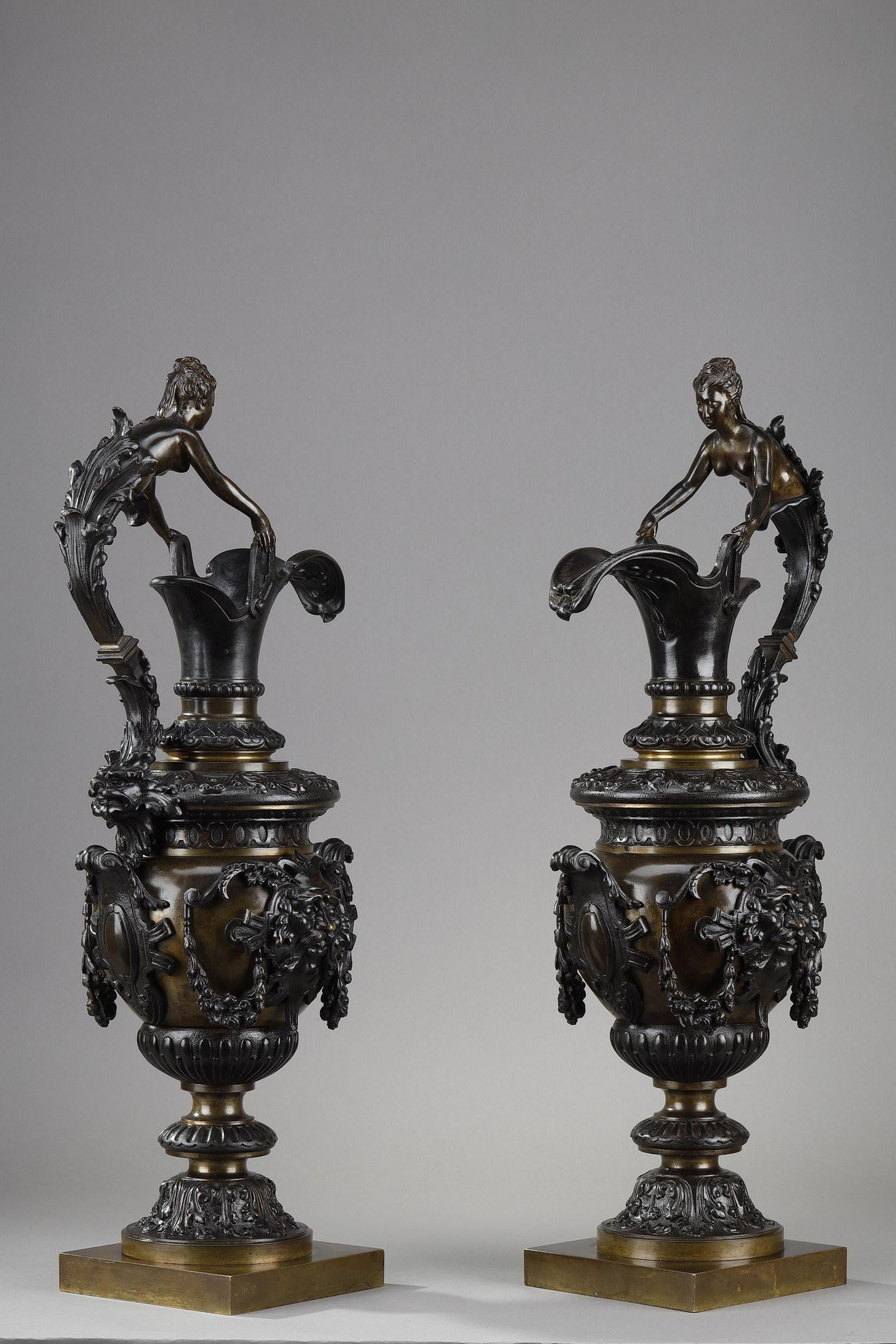 French Pair of Decorative Bronze Ewers in the Renaissance Style For Sale