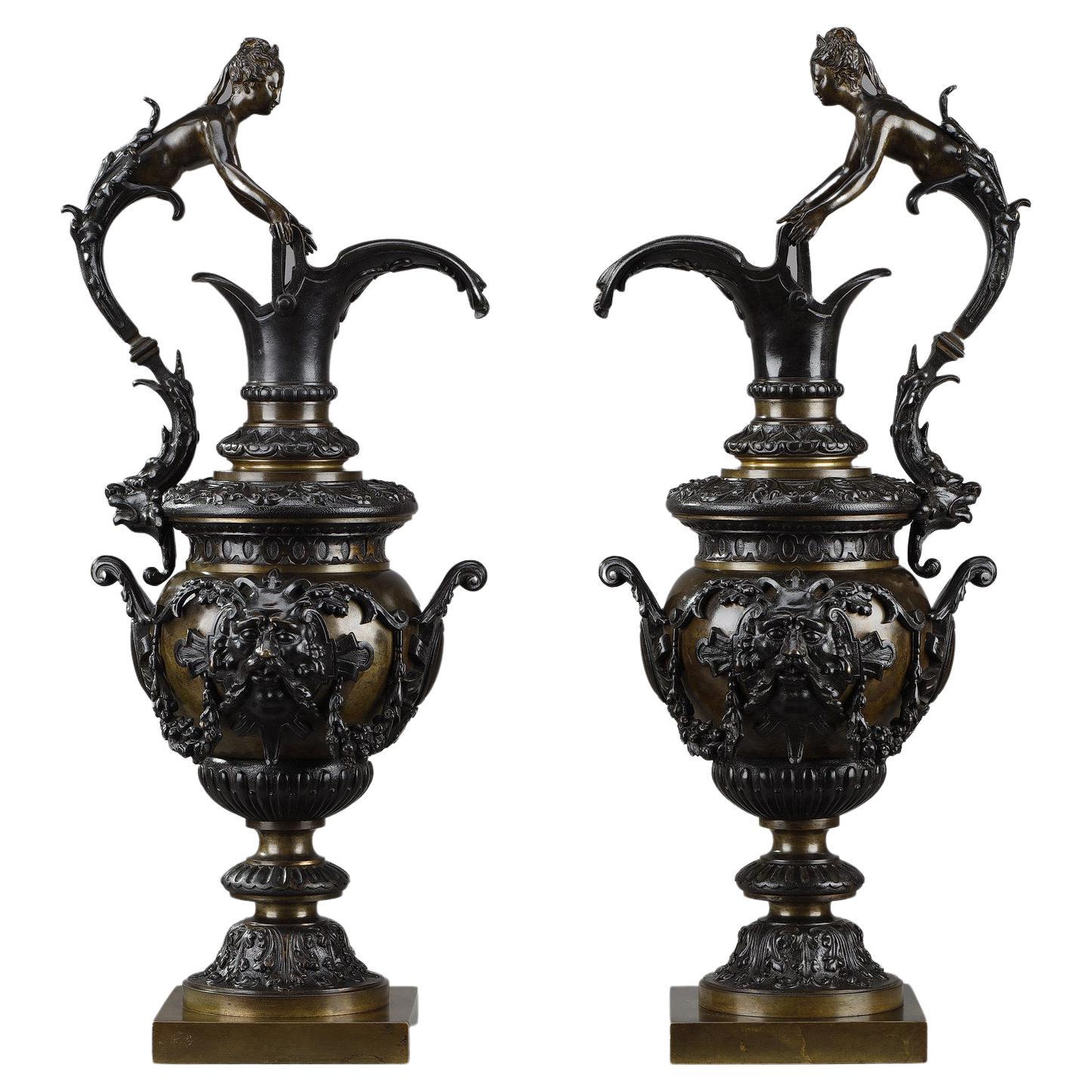 Pair of Decorative Bronze Ewers in the Renaissance Style For Sale
