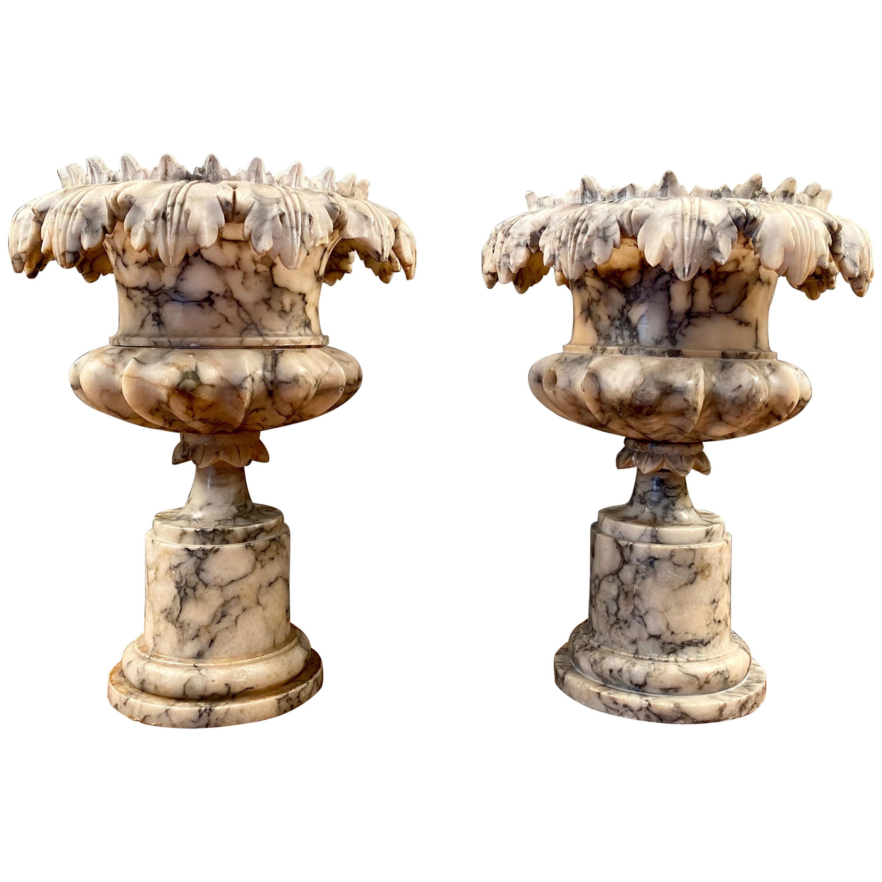 Pair of Decorative Carved Alabaster Urns