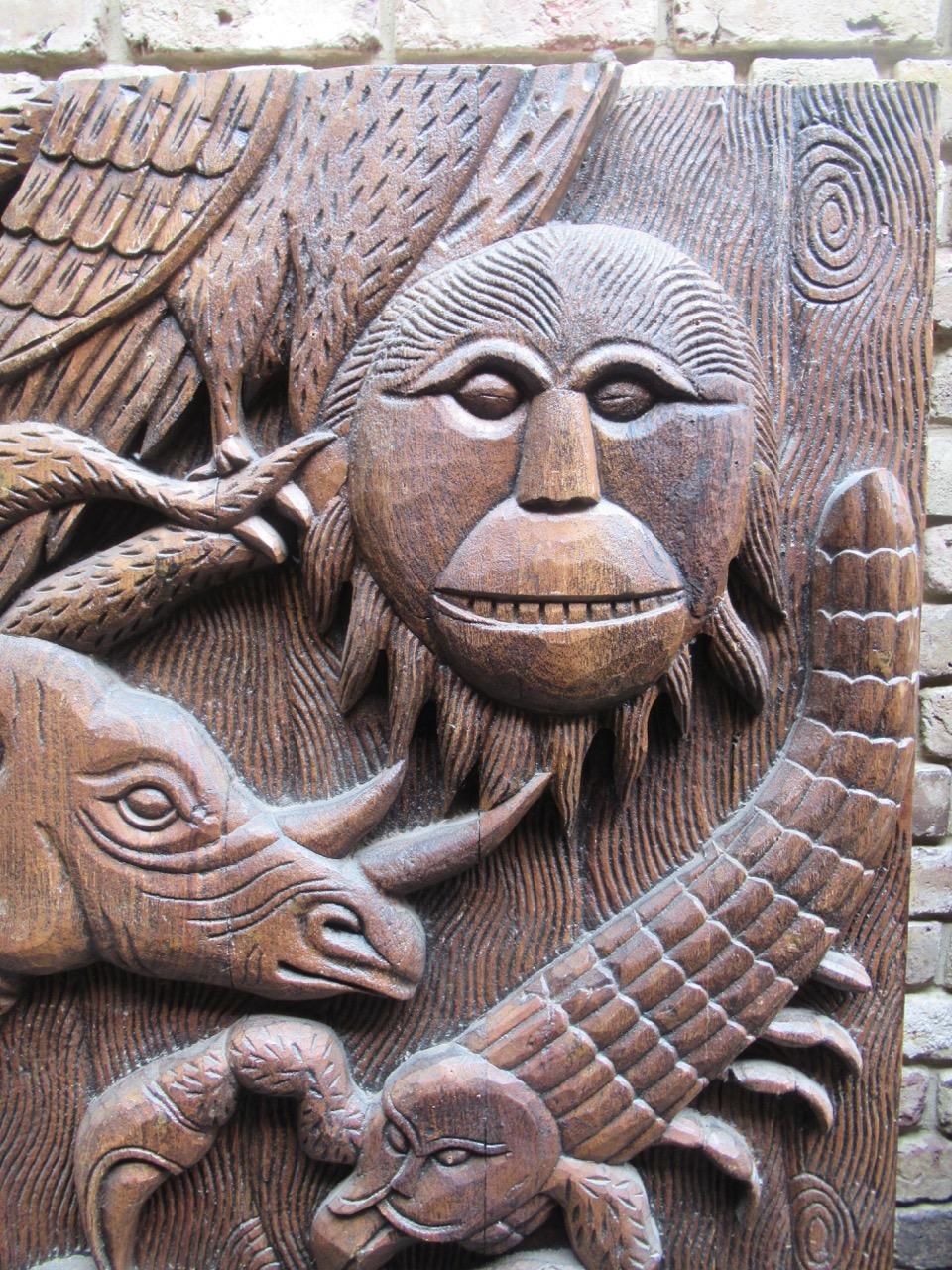 Tribal Pair of Decorative Carved Teak Wood Panels with Monkeys and Other Wild Animals