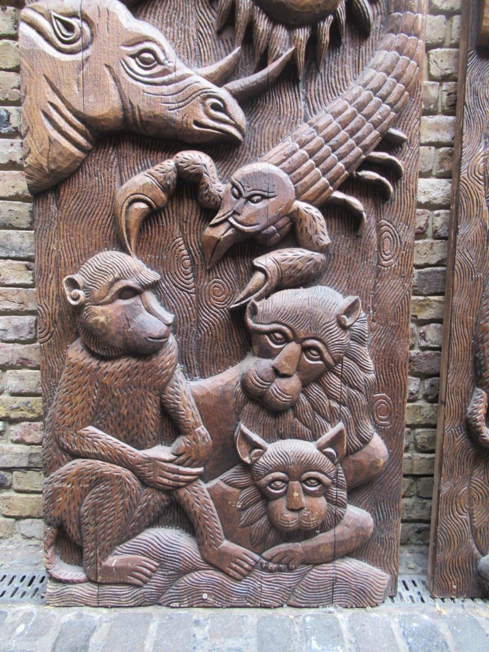 Pair of Decorative Carved Teak Wood Panels with Monkeys and Other Wild Animals In Good Condition In London, GB