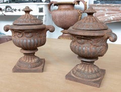 Pair of Decorative Cast Iron Urns with Lids