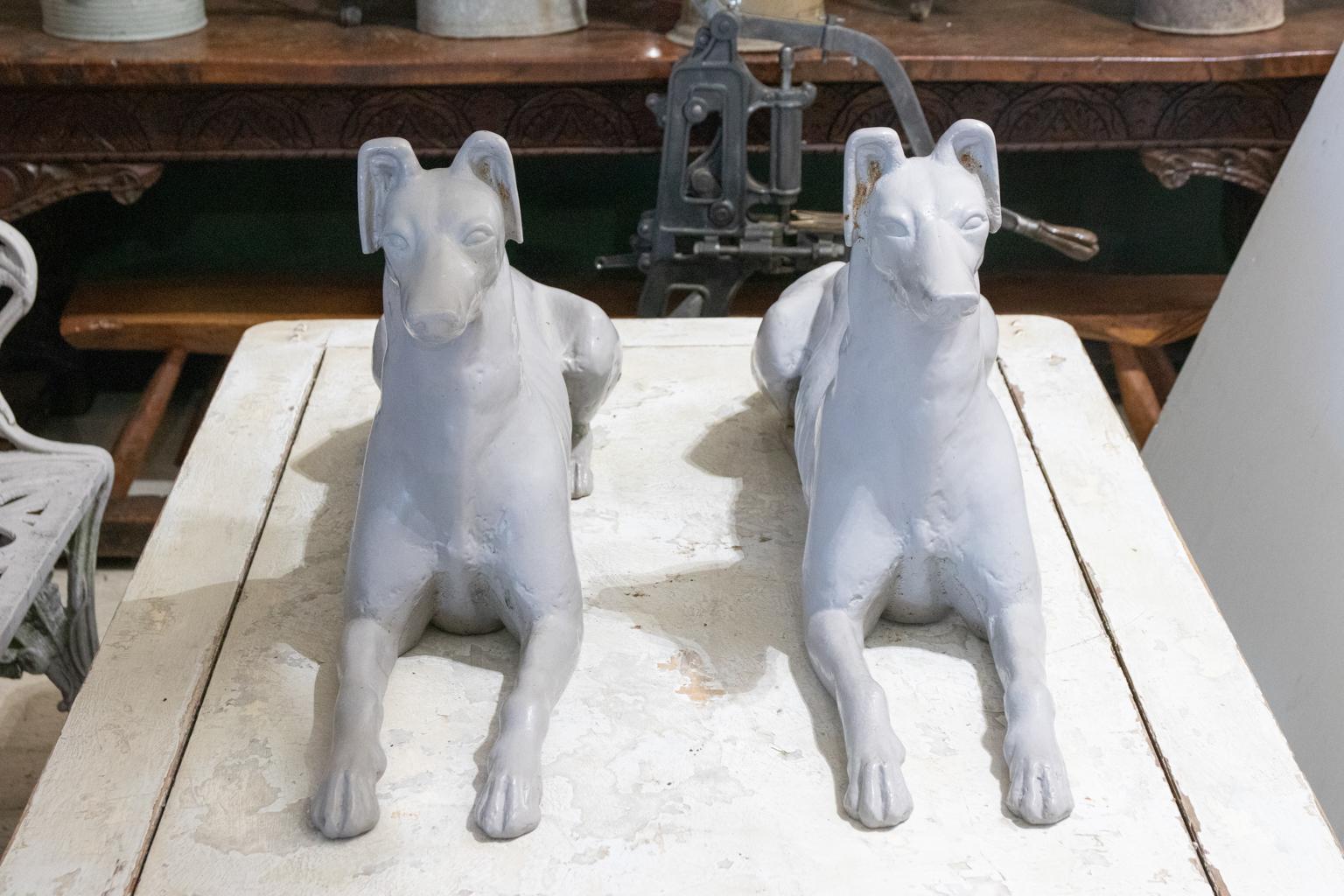 Cast Stone Pair of Decorative Cast Iron Whippet Dog Statues Attributed to Fiske For Sale