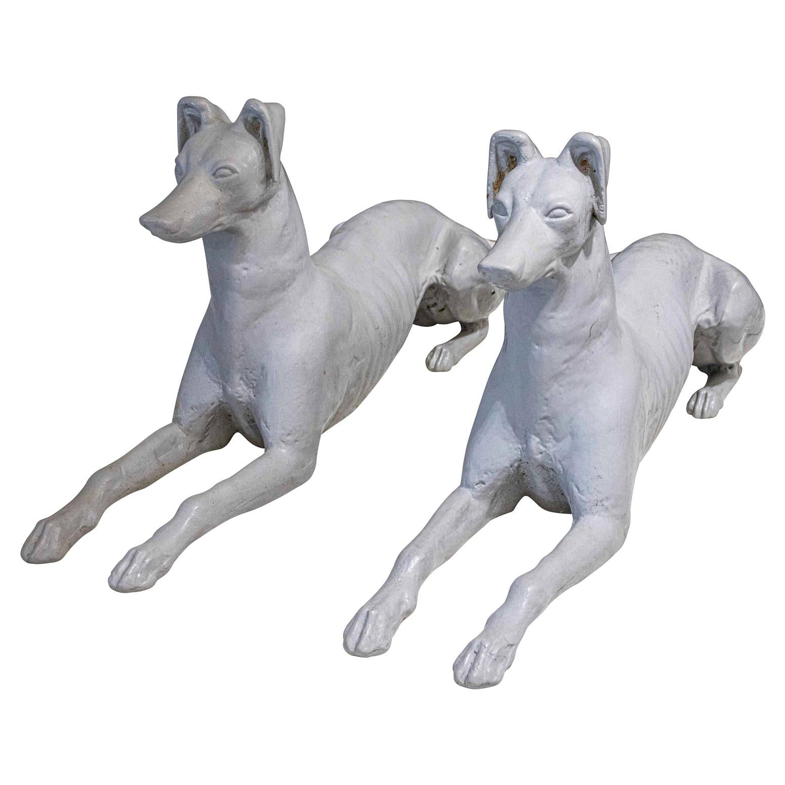 Pair of Decorative Cast Iron Whippet Dog Statues Attributed to Fiske For Sale