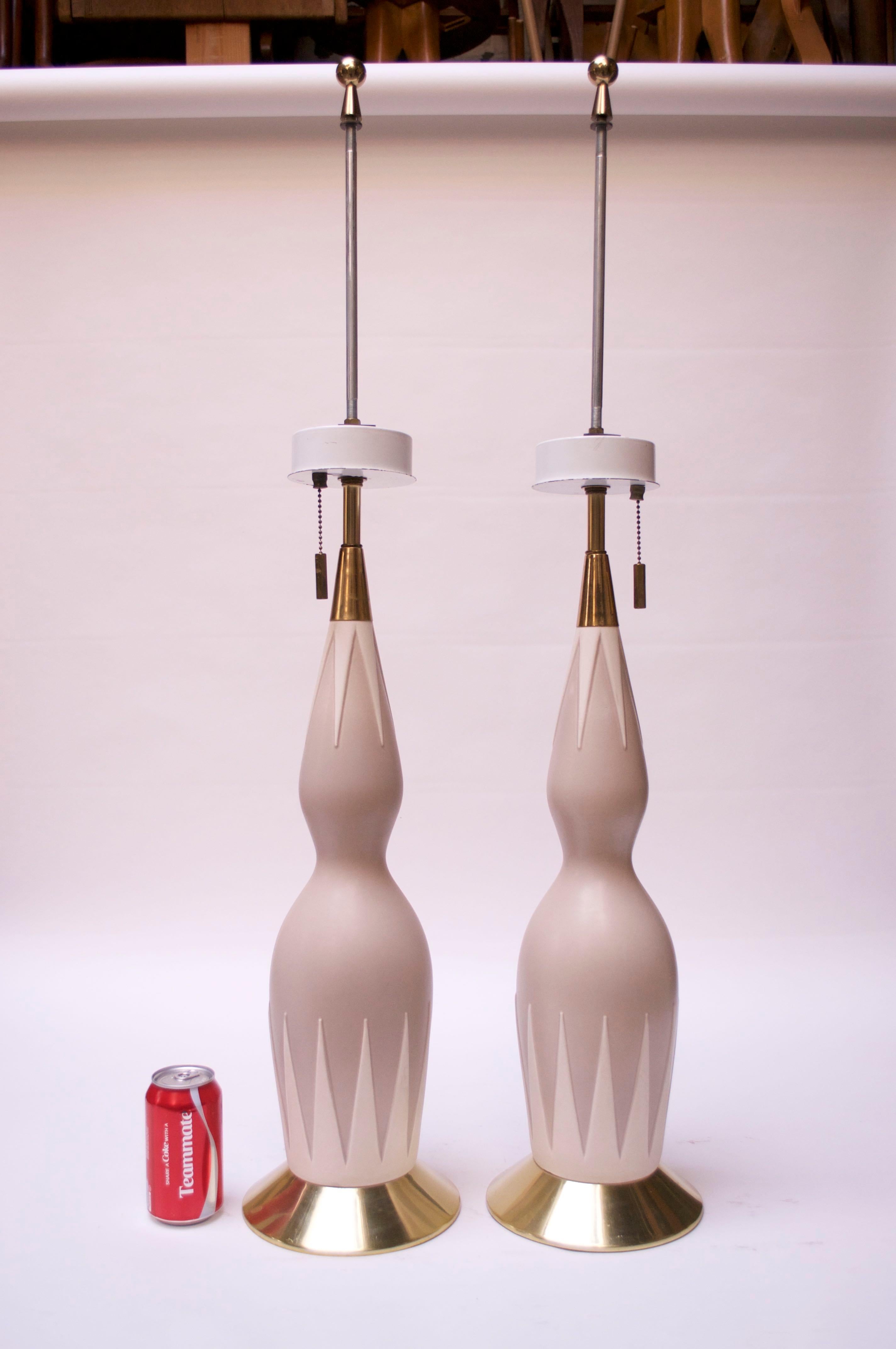 Mid-Century Modern Pair of Tall Decorative Ceramic and Brass Table Lamps by Gerald Thurston For Sale