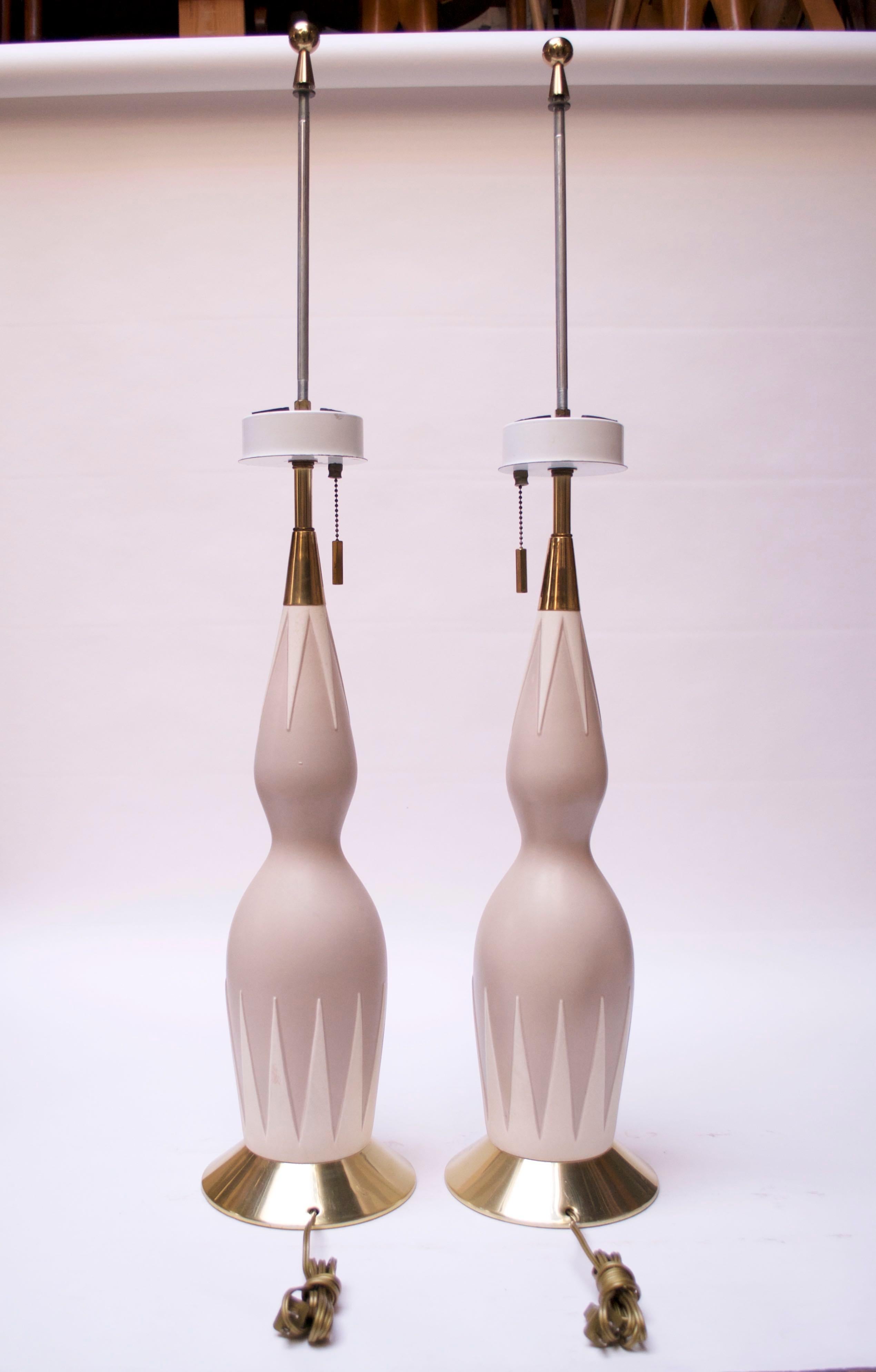 American Pair of Tall Decorative Ceramic and Brass Table Lamps by Gerald Thurston For Sale