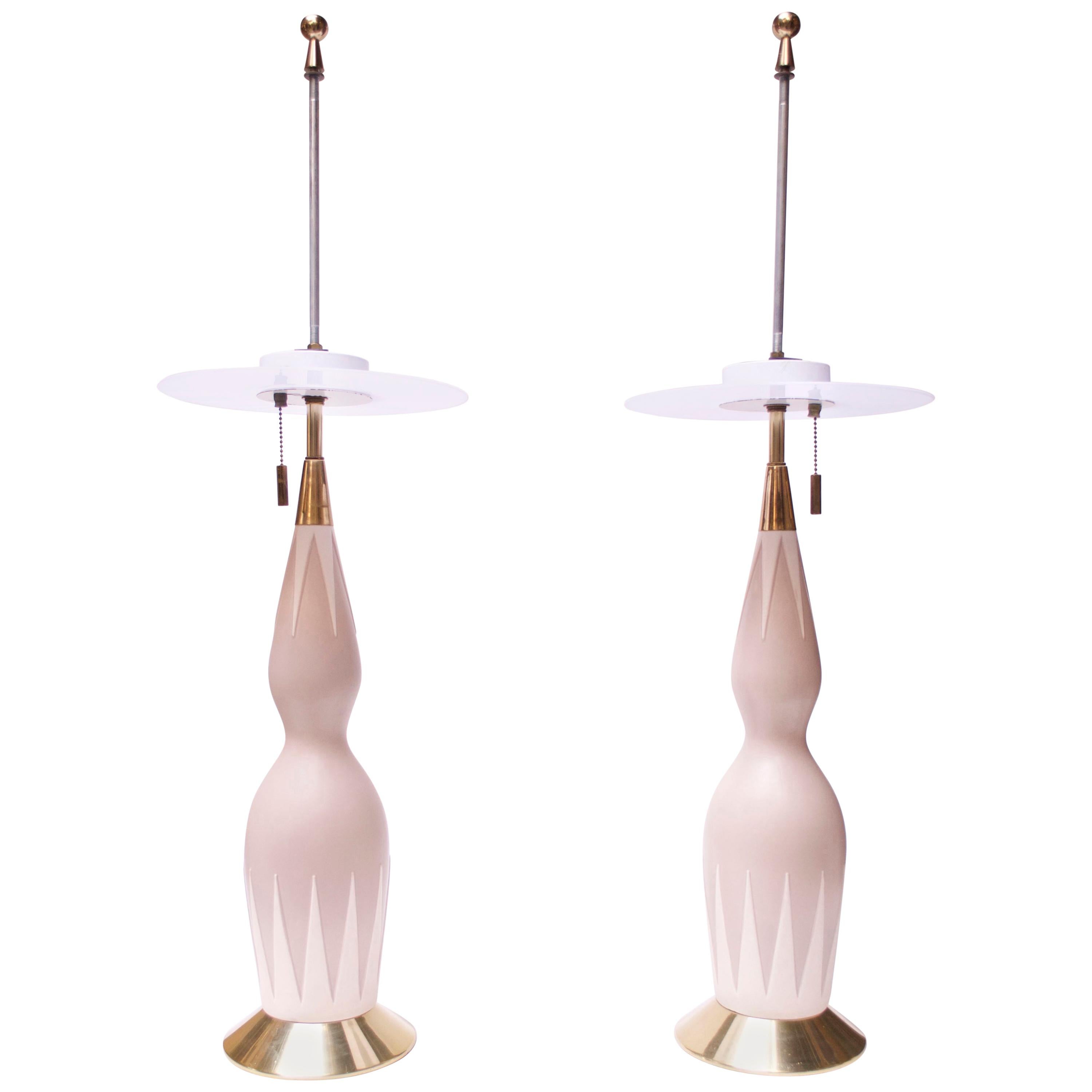 Pair of Tall Decorative Ceramic and Brass Table Lamps by Gerald Thurston For Sale