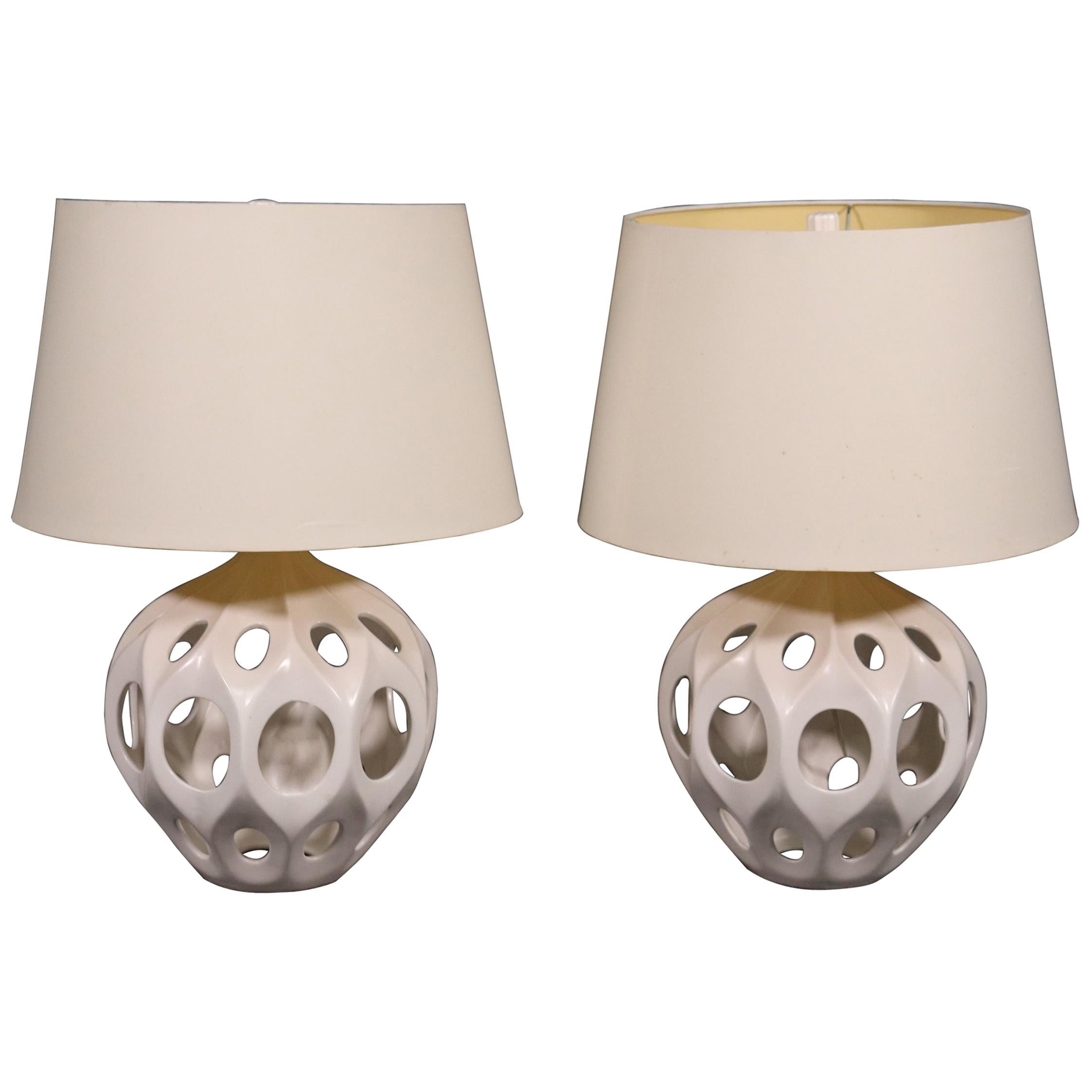 Pair of Decorative Ceramic Mid-Century Modern Geometric Table Lamps