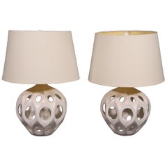 Pair of Decorative Ceramic Mid-Century Modern Geometric Table Lamps