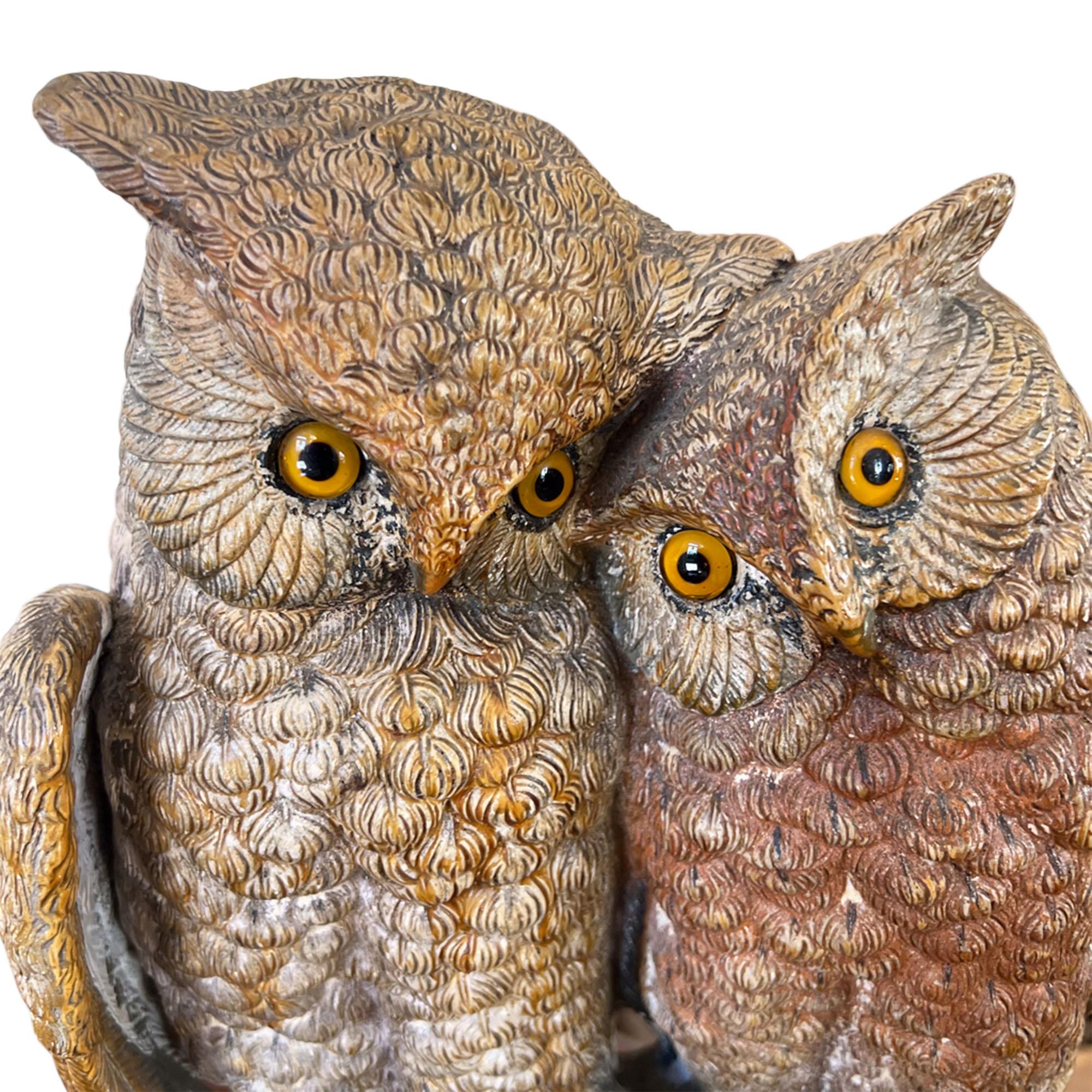 Arts and Crafts Pair of Decorative Ceramic Owls With a Match Holder and Striker For Sale