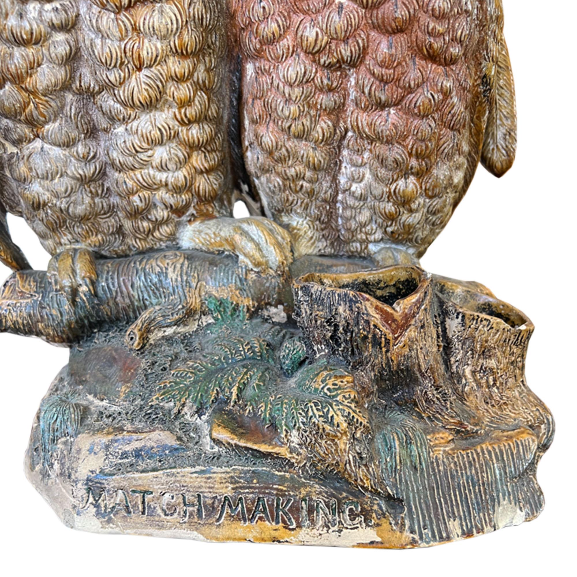 British Pair of Decorative Ceramic Owls With a Match Holder and Striker For Sale