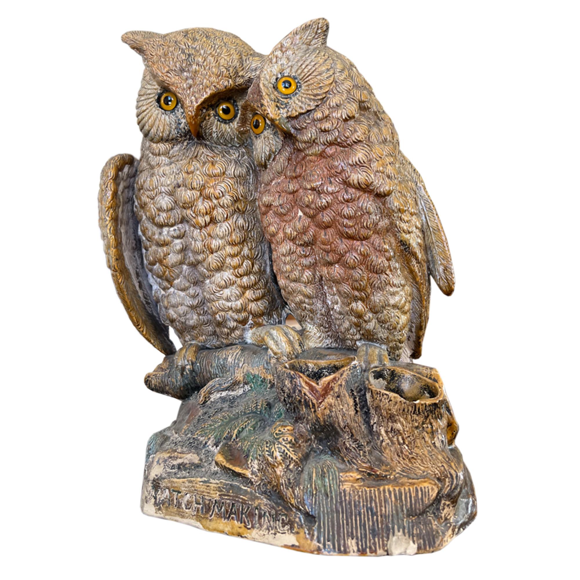 Hand-Painted Pair of Decorative Ceramic Owls With a Match Holder and Striker For Sale