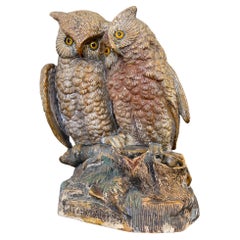 Pair of Decorative Ceramic Owls With a Match Holder and Striker