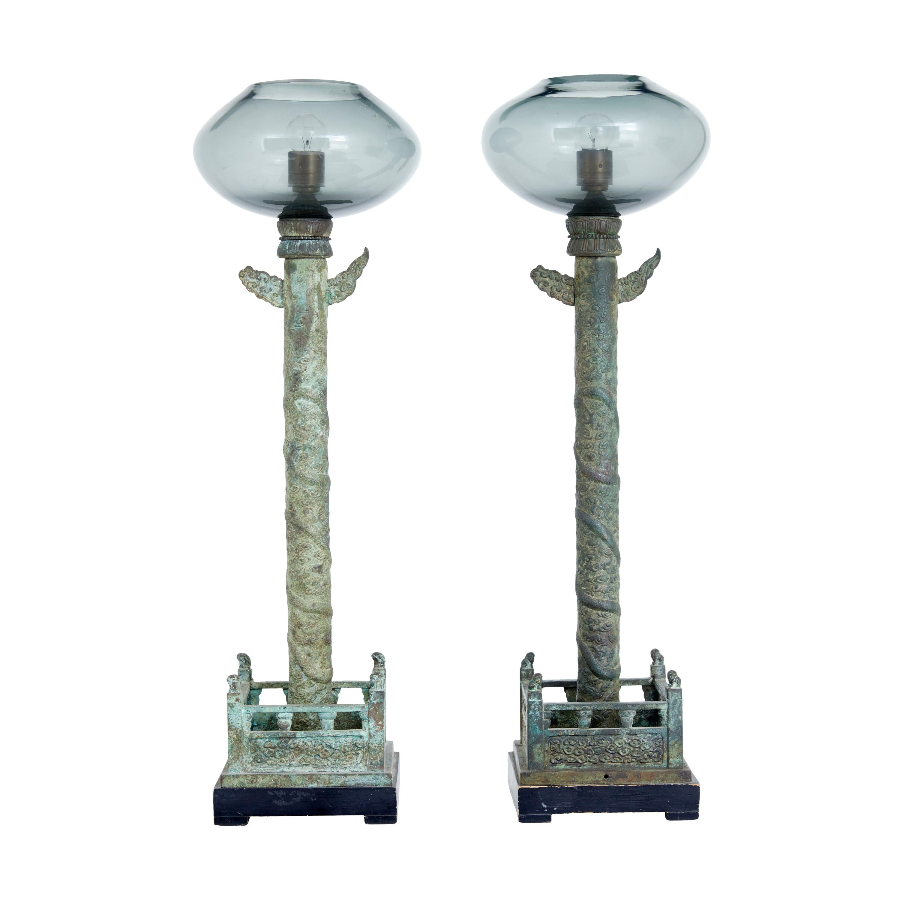 Pair of Decorative Chinese Influenced Bronze and Glass Hall Lamps