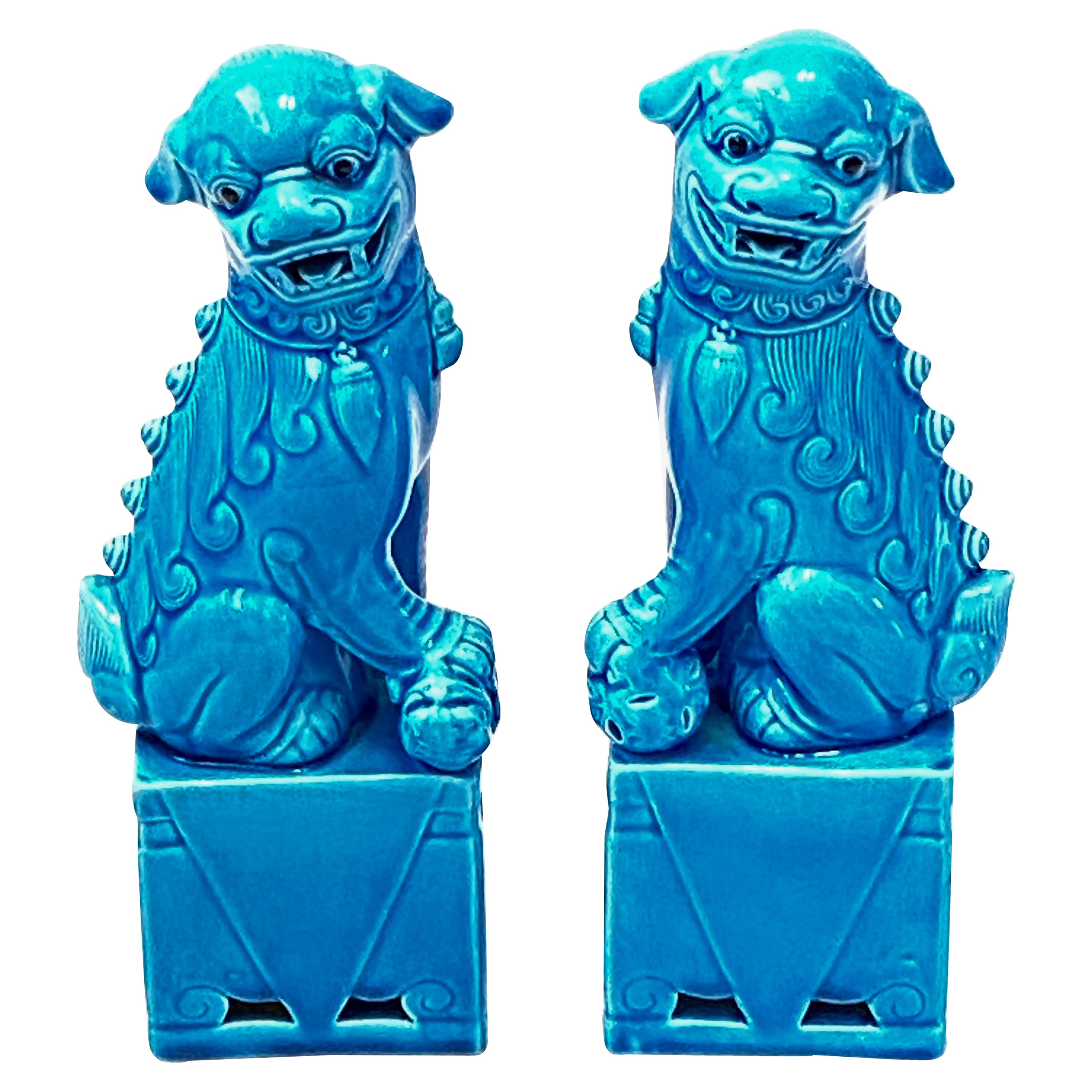 Pair of Decorative Chinese Turquoise Blue Medium Foo Dogs Sculptures, 1960s