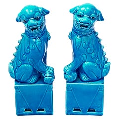 Vintage Pair of Decorative Chinese Turquoise Blue Medium Foo Dogs Sculptures, 1960s