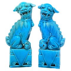 Pareja de Esculturas Decorativas Chinas de Perros Foo Medianos Azul Turquesa, Años 60
