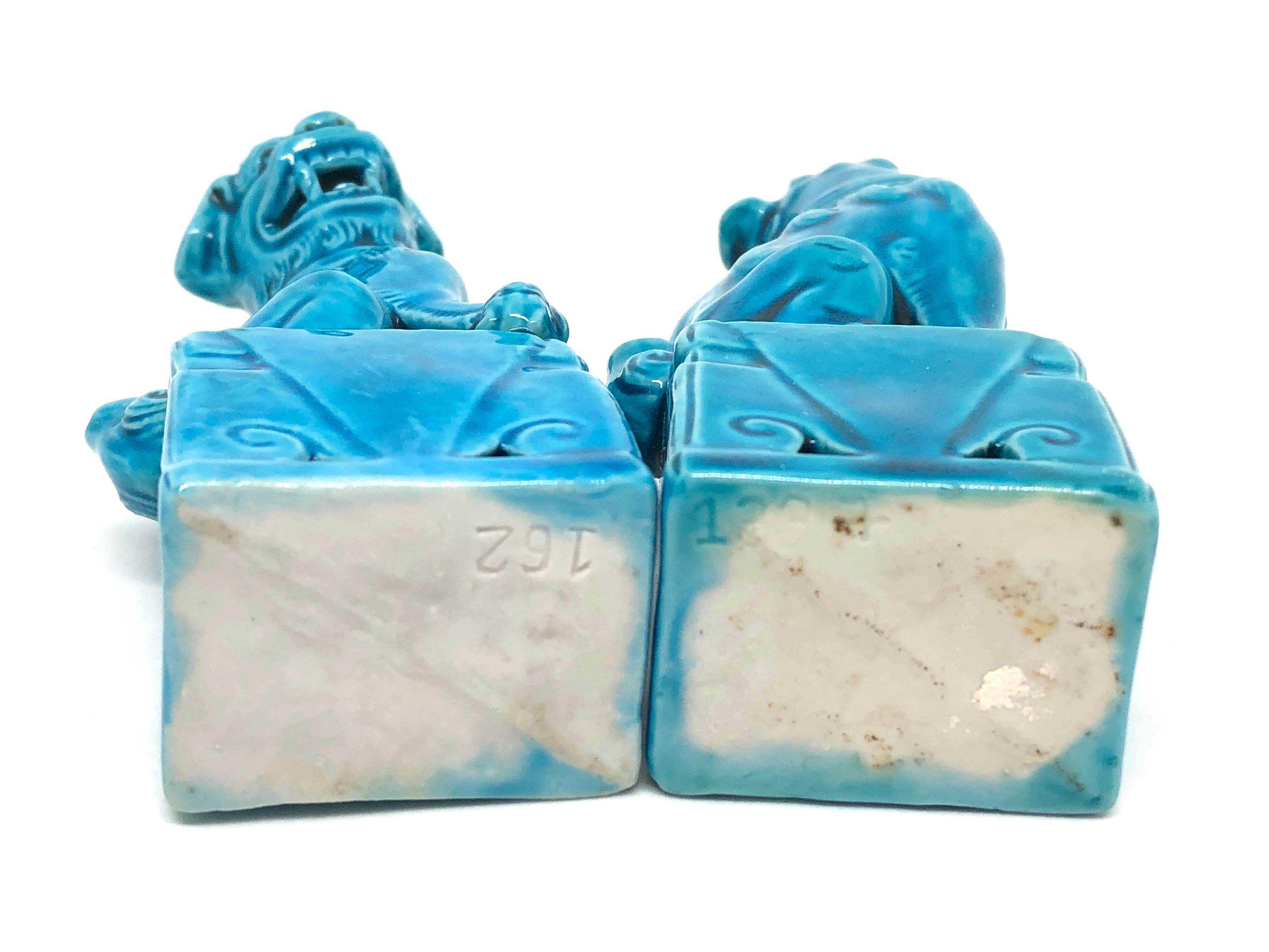 Mid-20th Century Pair of Decorative Chinese Turquoise Blue Mini Foo Dogs Sculptures