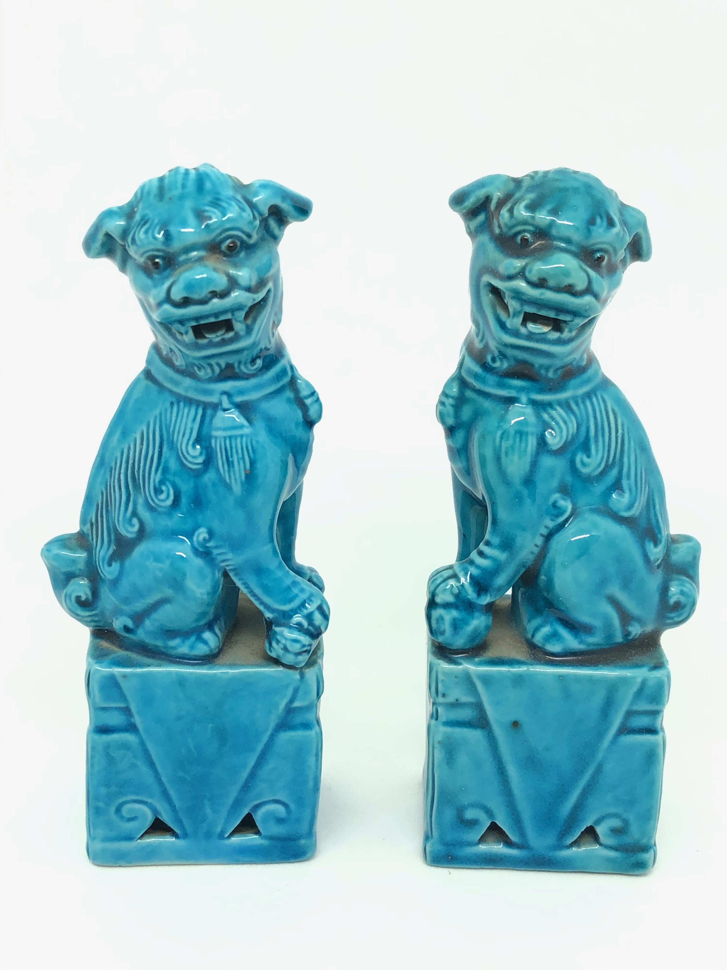 Ceramic Pair of Decorative Chinese Turquoise Blue Mini Foo Dogs Sculptures