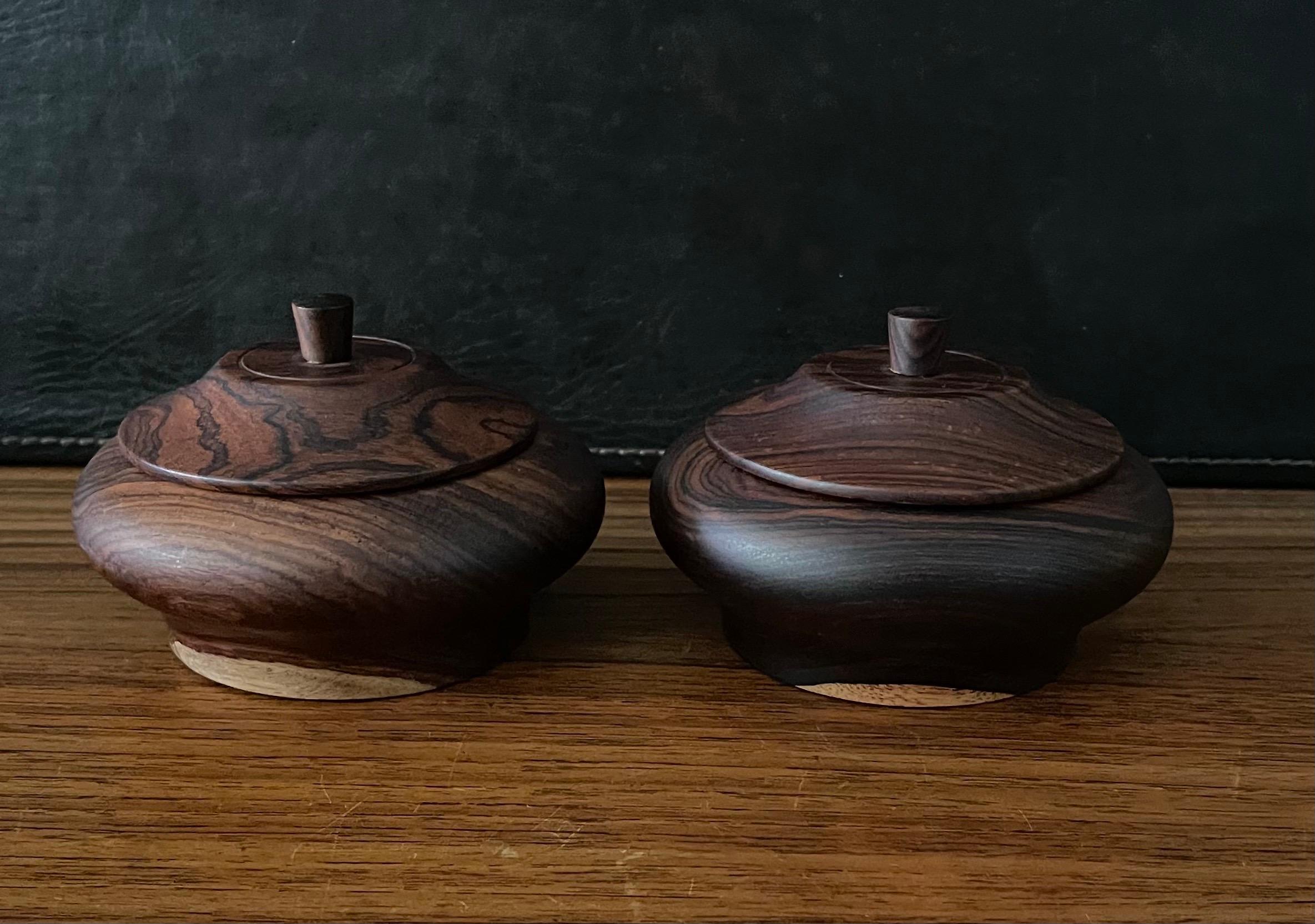 Organic Modern Pair of Decorative Cocobolo / Rosewood Lidded Cannisters For Sale
