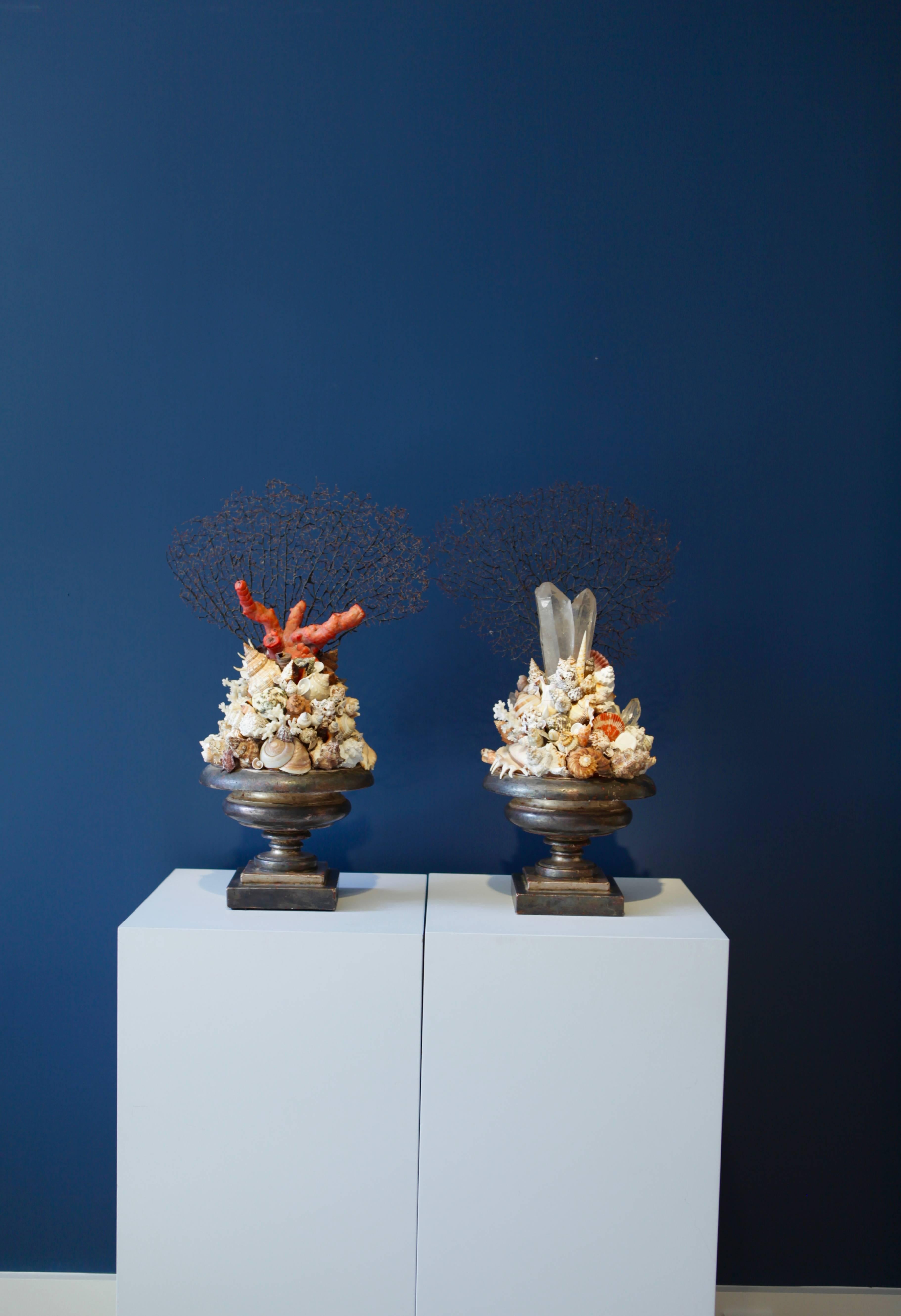 Italian Pair of Decorative Coral Rock Crystal and Sea Shell Installations, Italy 1970s