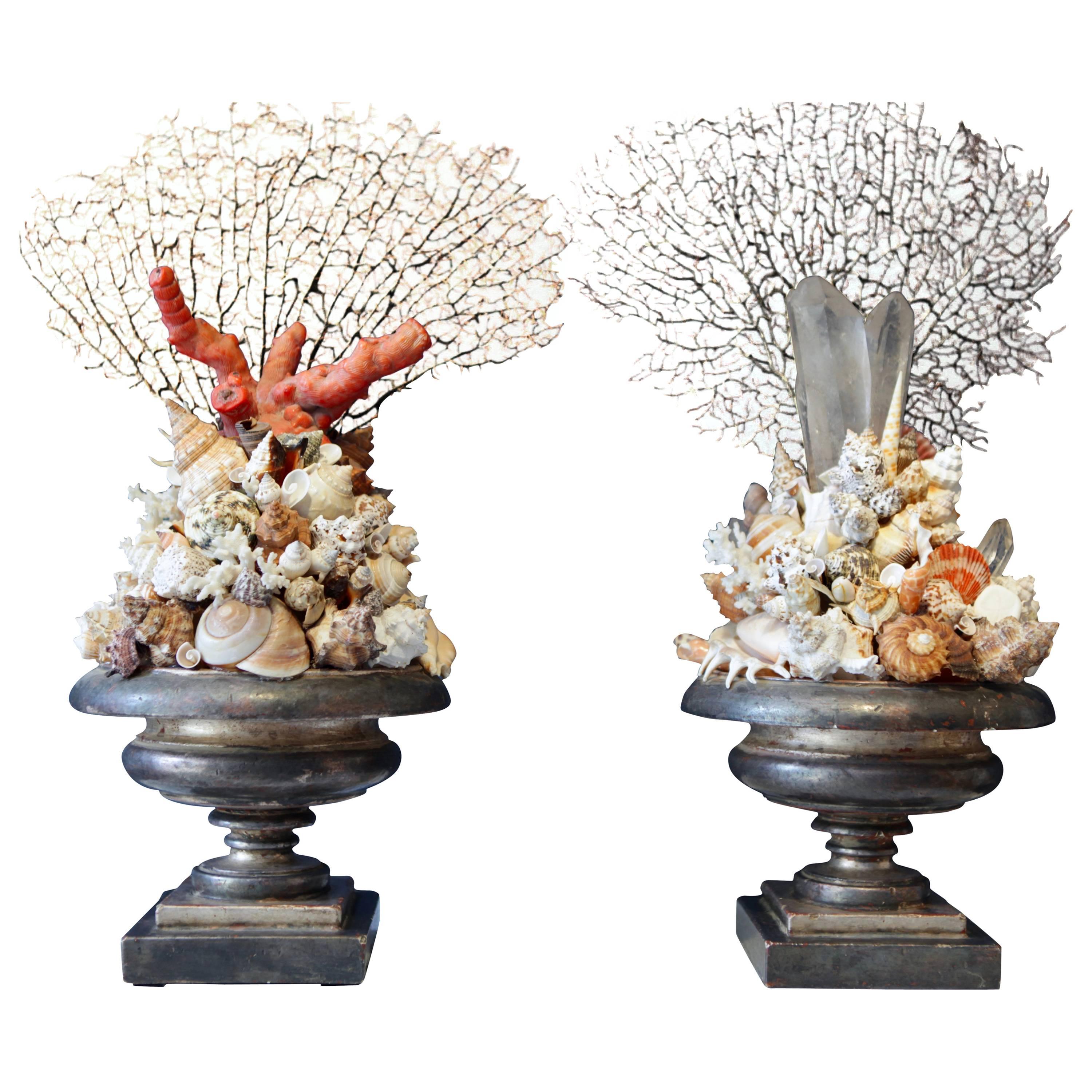 Pair of Decorative Coral Rock Crystal and Sea Shell Installations, Italy 1970s